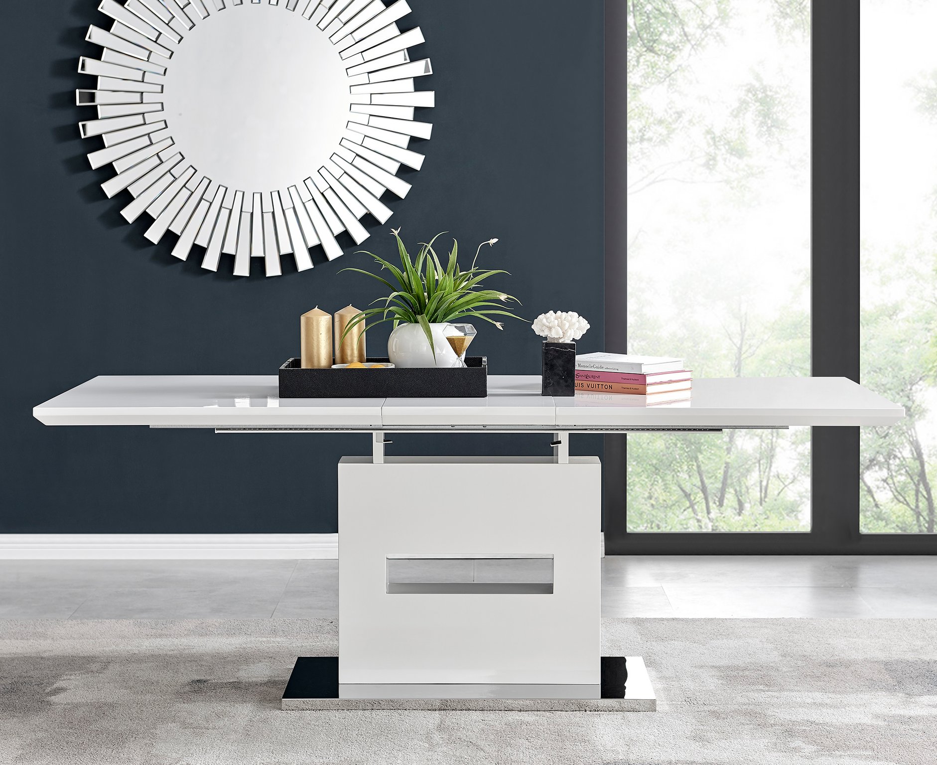 AREZZO White High Gloss Extending Dining Table 8 Faux Leather