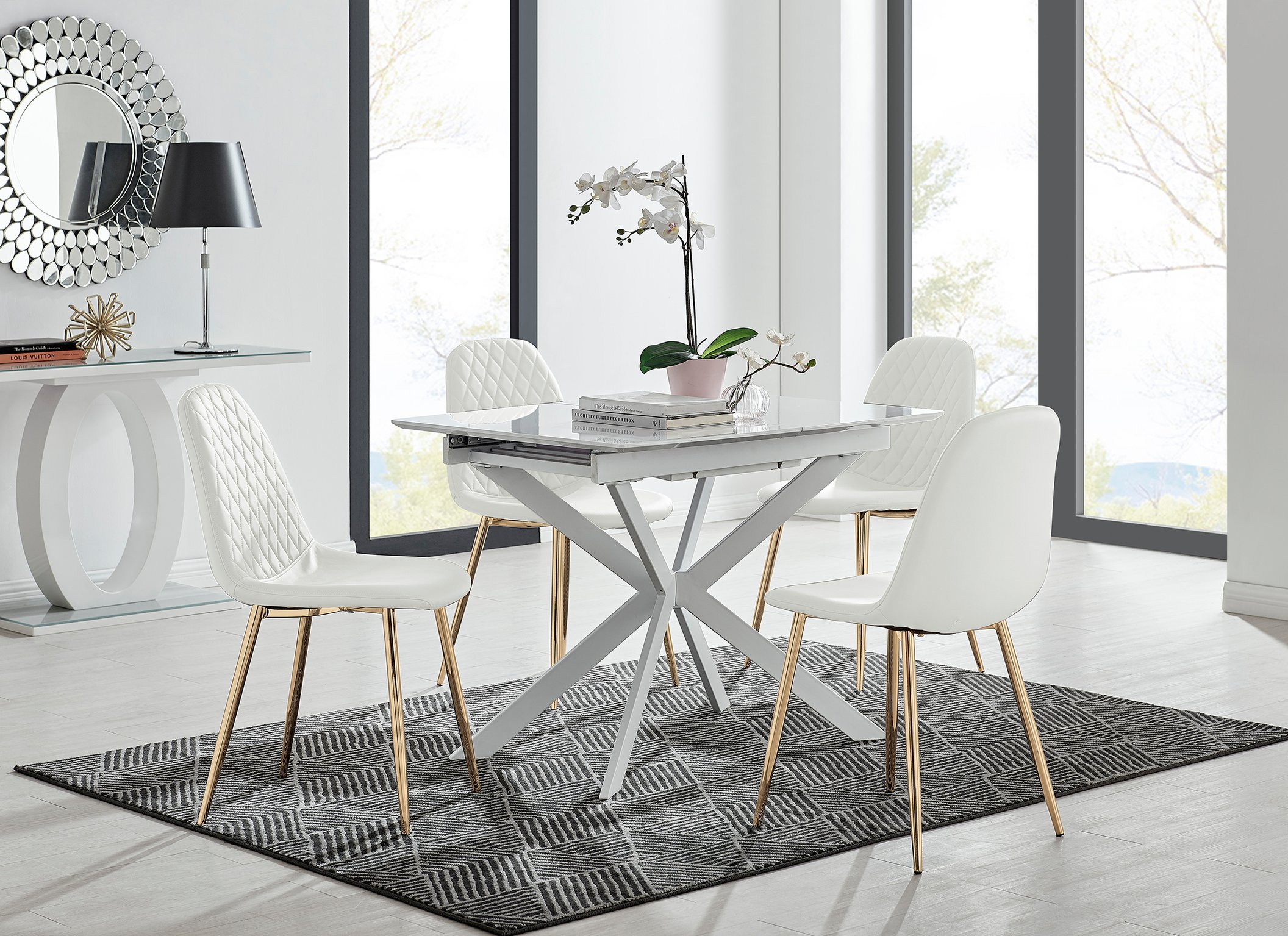 White gloss extending discount dining table and chairs