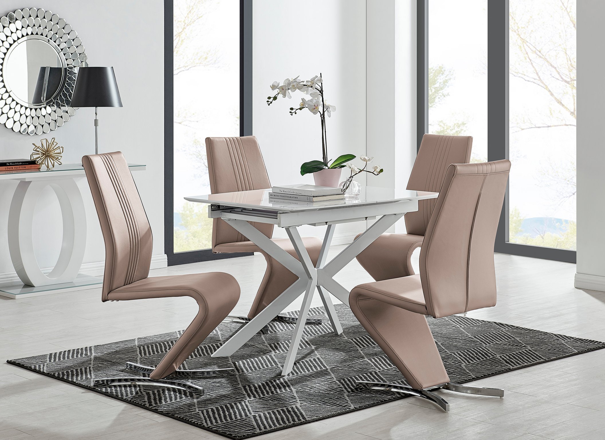 LIRA 100cm White Gloss Extending Dining Table and 4 Faux Leather Willow Chairs - Picture 9 of 43