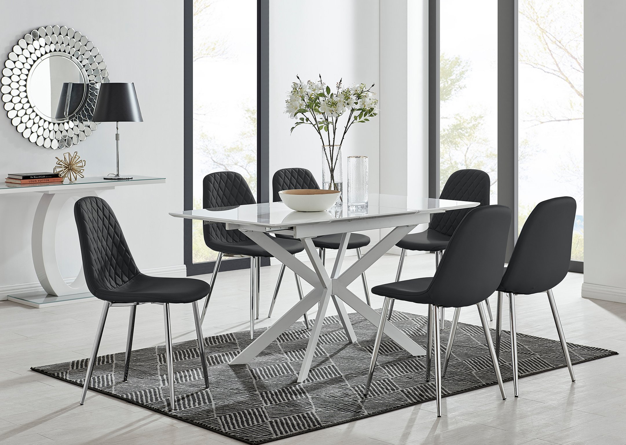 LIRA 120cm White Extending Dining Table and 6 Faux Leather Corona Dining  Chairs