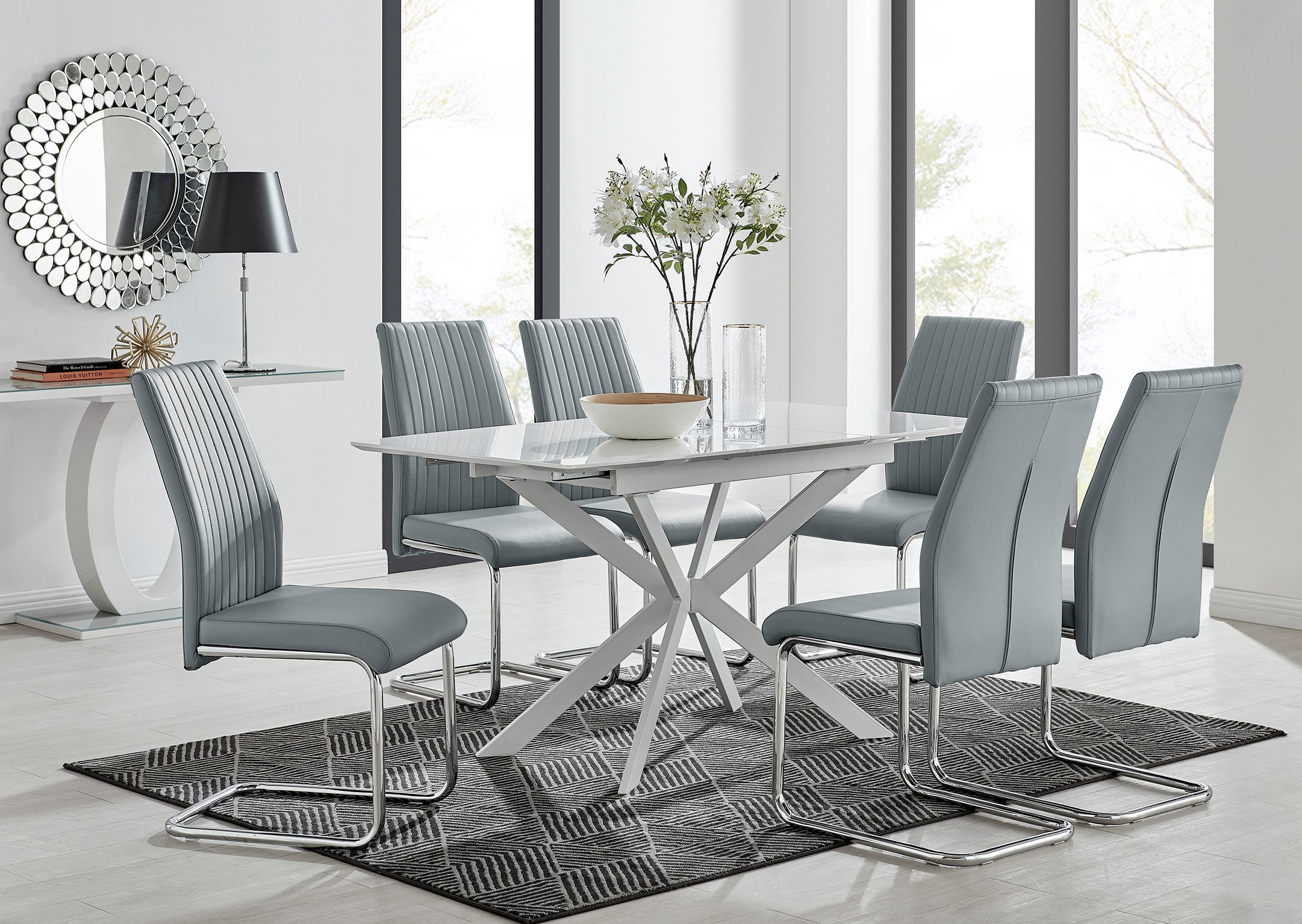 LIRA 120cm White Extending Dining Table and 6 Faux Leather Lorenzo Dining  Chairs