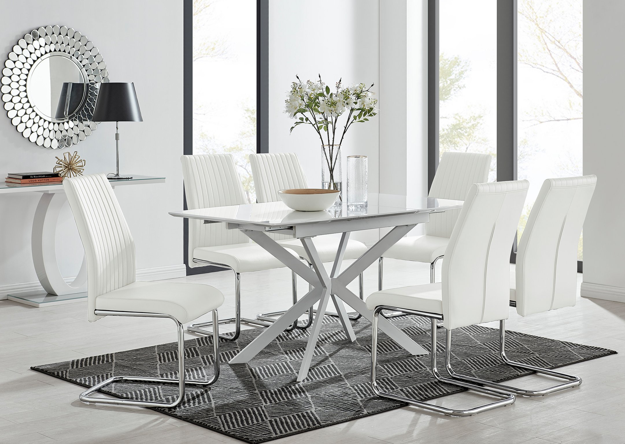 LIRA 120cm White Extending Dining Table and 6 Faux Leather Lorenzo Dining  Chairs