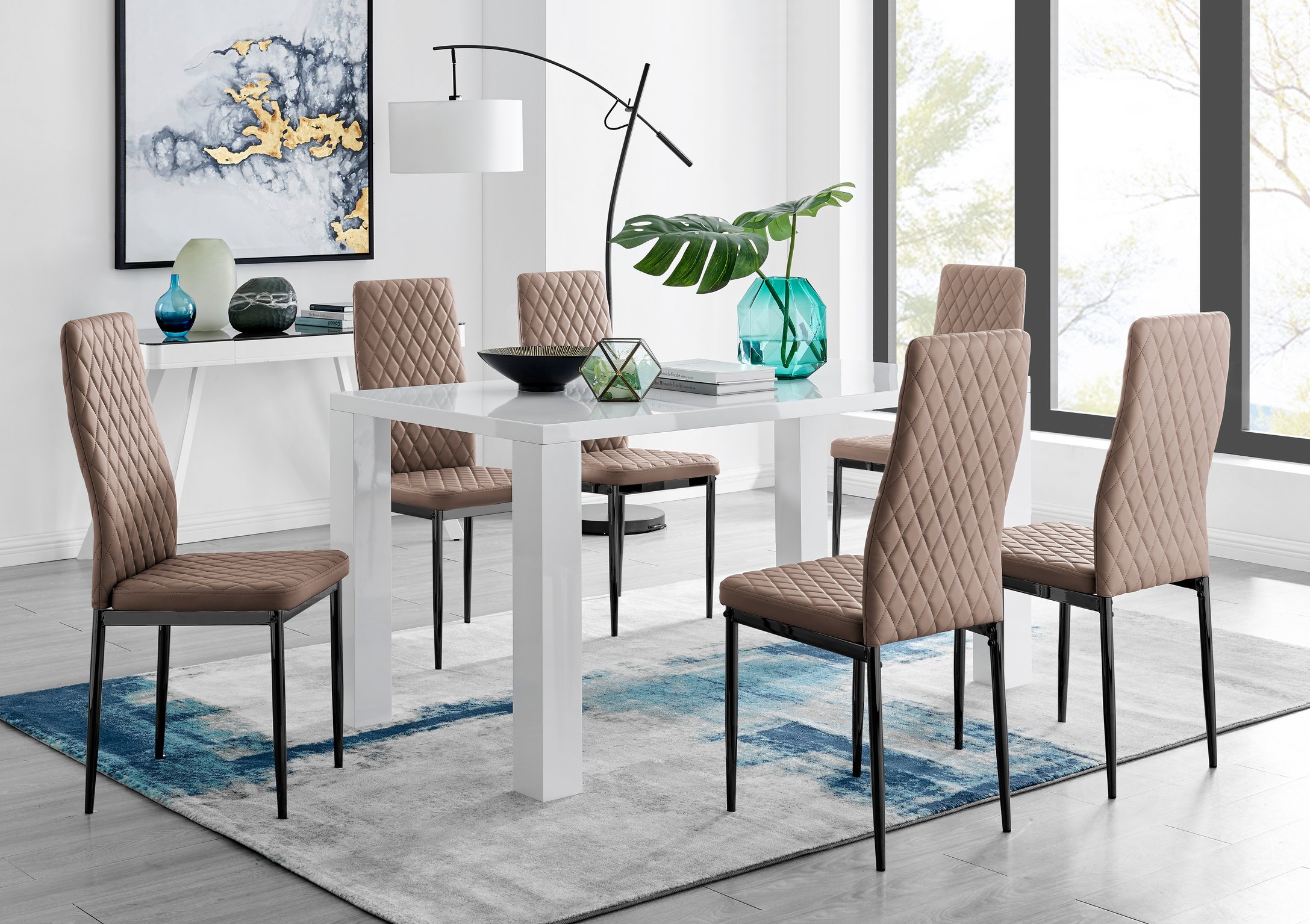 PIVERO White High Gloss Dining Table & 6 Faux Leather Milan Chairs - Picture 131 of 148