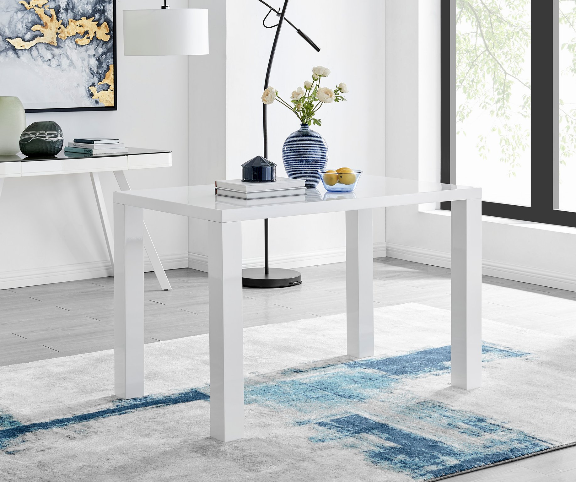 PIVERO White High Gloss Dining Table 120x70cm and 4 Halle Chairs Furniture Set - Picture 2 of 23