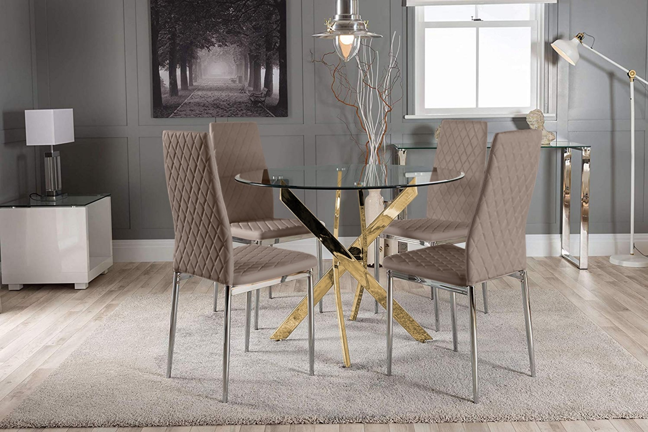 NOVARA Gold Round Tempered Glass Dining Table And 4 Faux Leather Dining Chairs - Picture 295 of 410