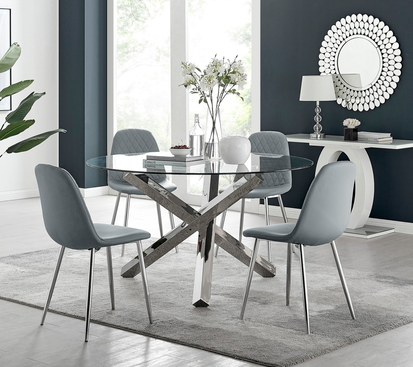 VOGUE Large Round Glass and Chrome Dining Table & 4 Corona Faux Chairs - Picture 107 of 154