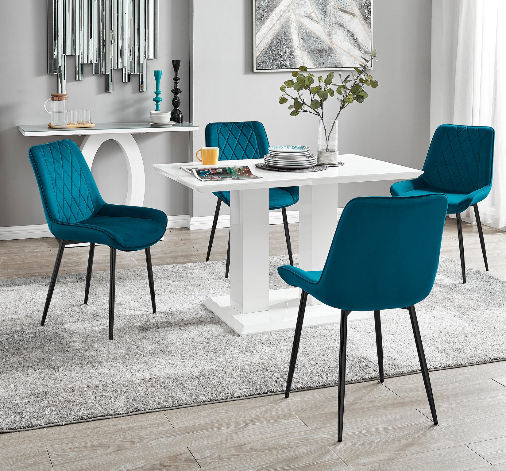 IMPERIA White High Gloss Pillar Dining Table and 4 Velvet Faux Leather Chairs - Picture 45 of 248