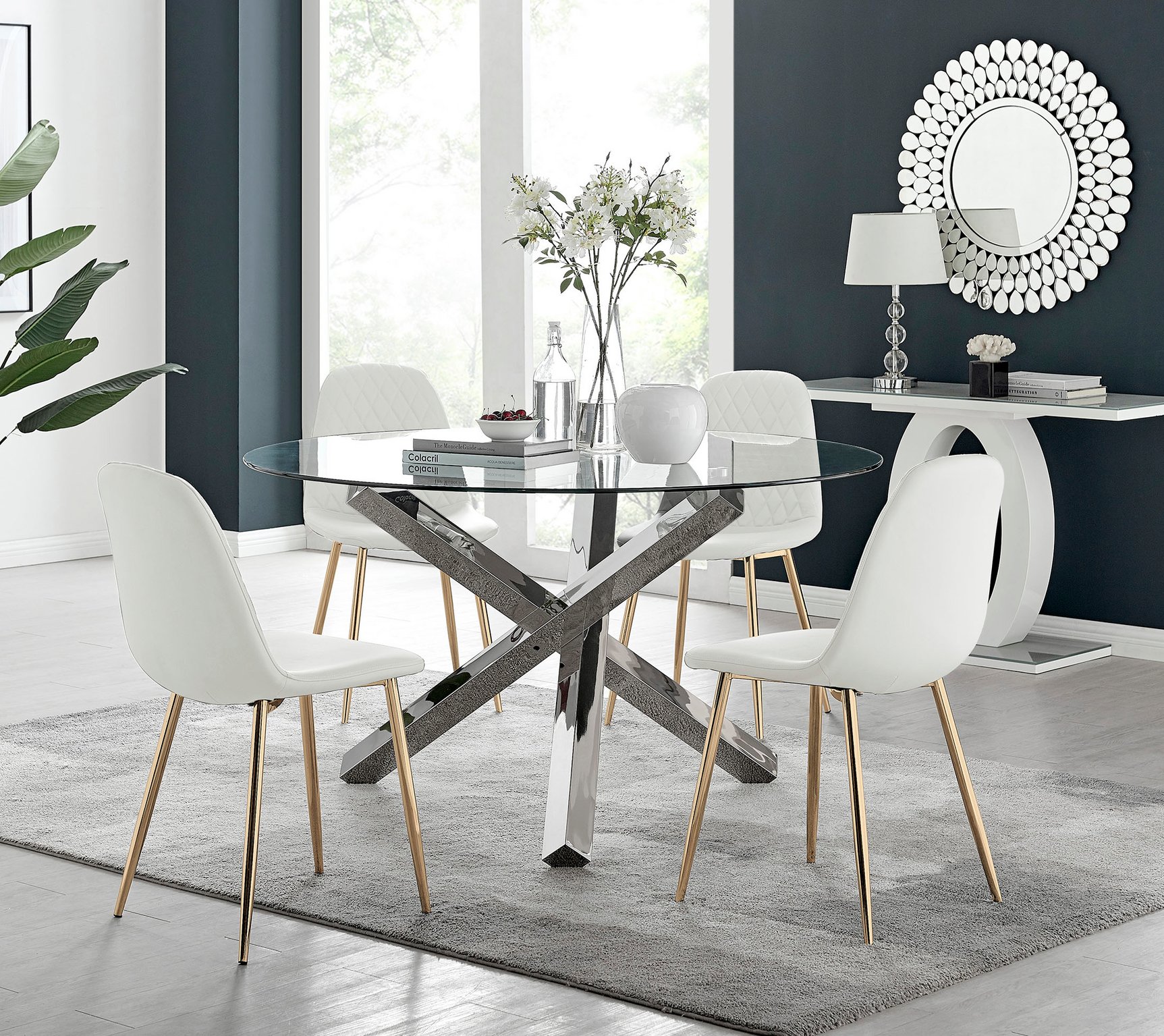 VOGUE Large Round Glass and Chrome Dining Table & 4 Corona Faux Chairs - Picture 131 of 154