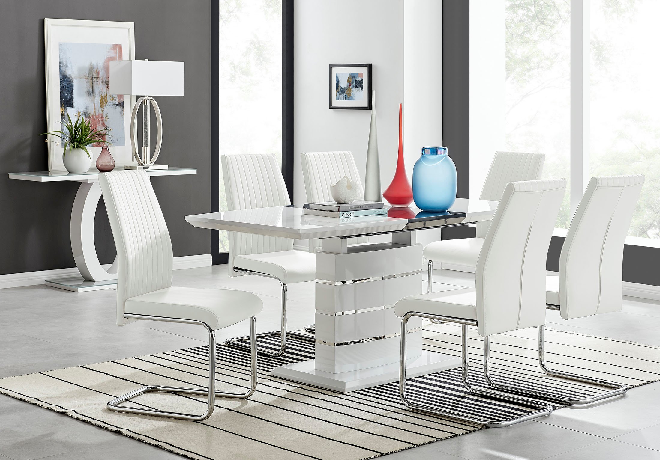 RENATO 120cm White Gloss Extending Dining Table &4/6 Faux Leather Lorenzo Chairs - Picture 38 of 118