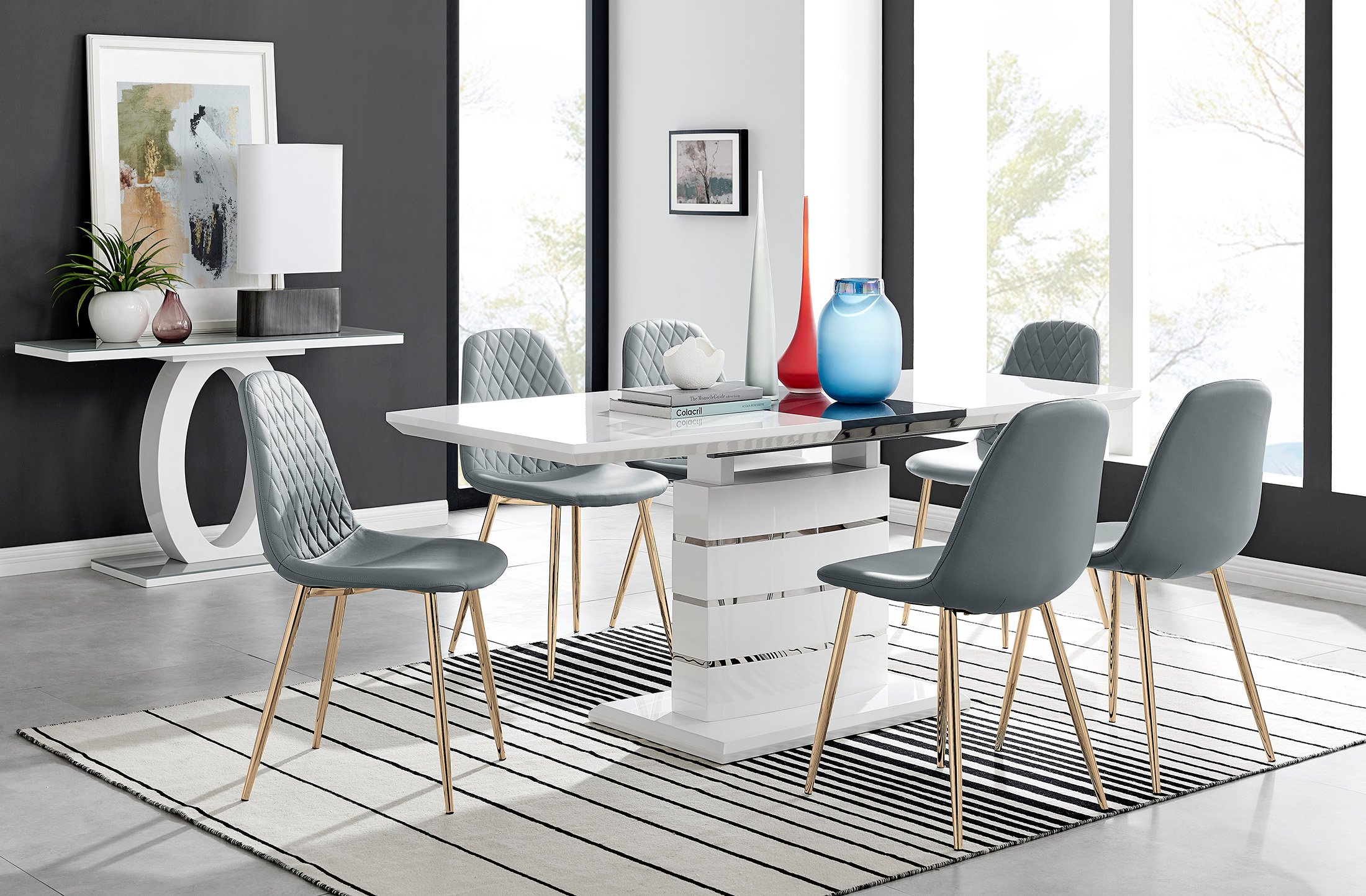 RENATO White Gloss Chrome Extending Dining Table &6/8 Faux Leather Dining Chairs - Picture 105 of 601