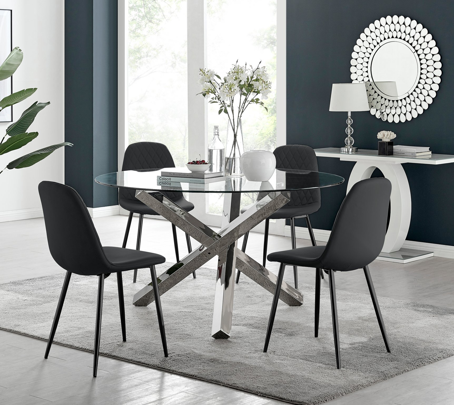 VOGUE Large Round Glass and Chrome Dining Table & 4 Corona Faux Chairs - Picture 11 of 154