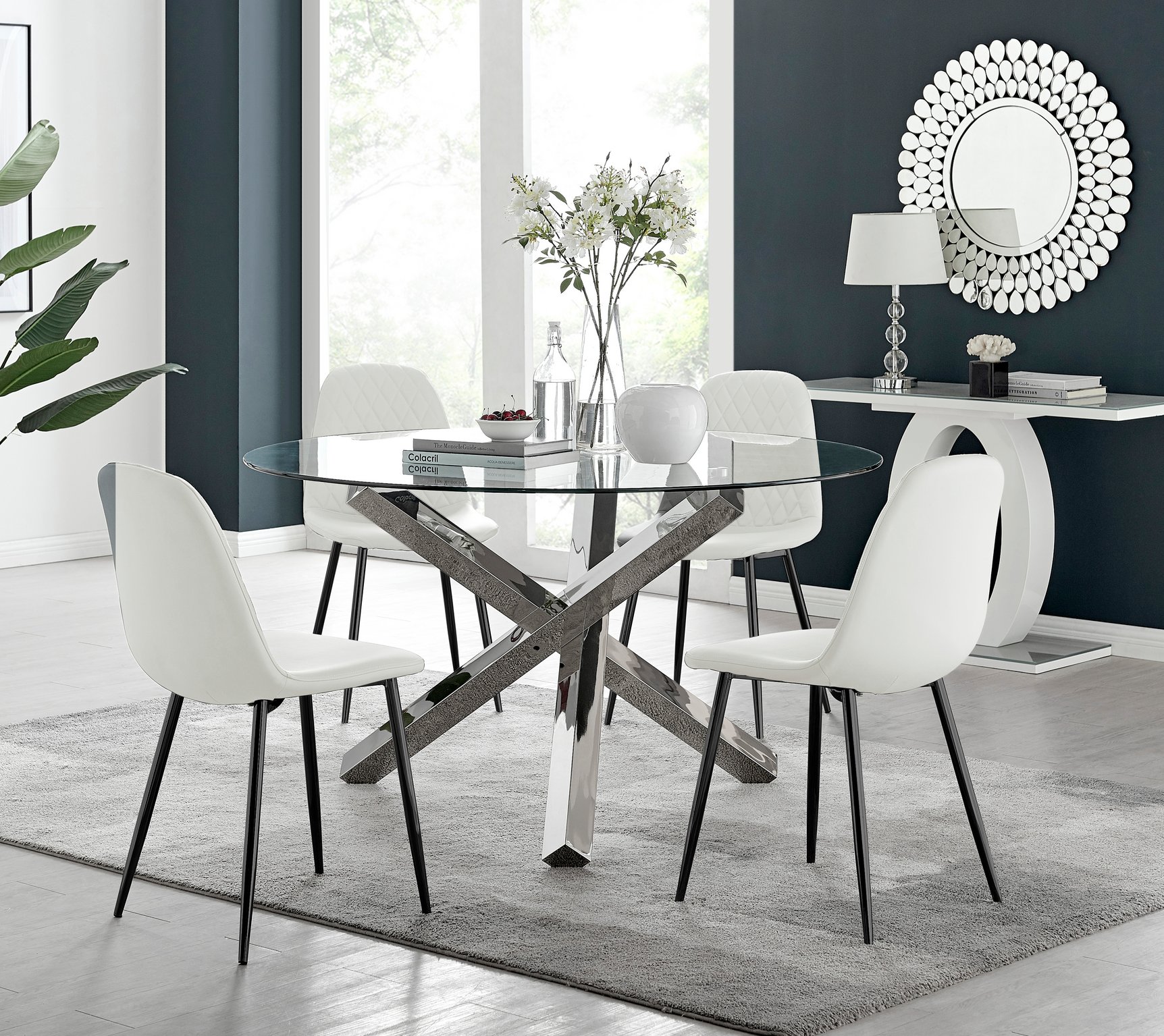 VOGUE Large Round Glass and Chrome Dining Table & 4 Corona Faux Chairs - Picture 119 of 154