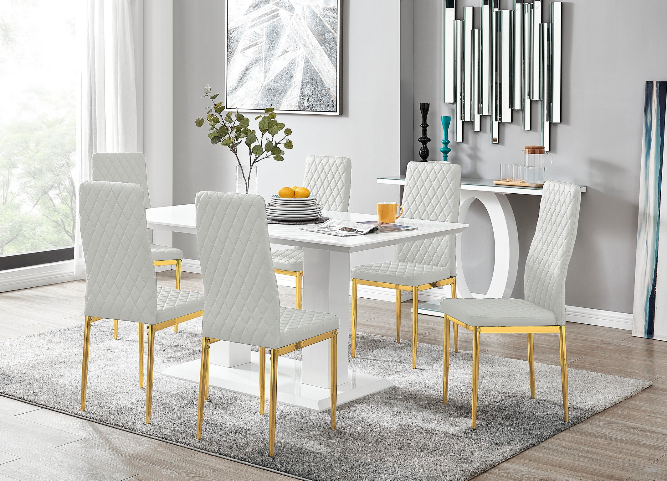 IMPERIA White High Gloss Pillar Dining Table & 6 Faux Leather Milan Chairs