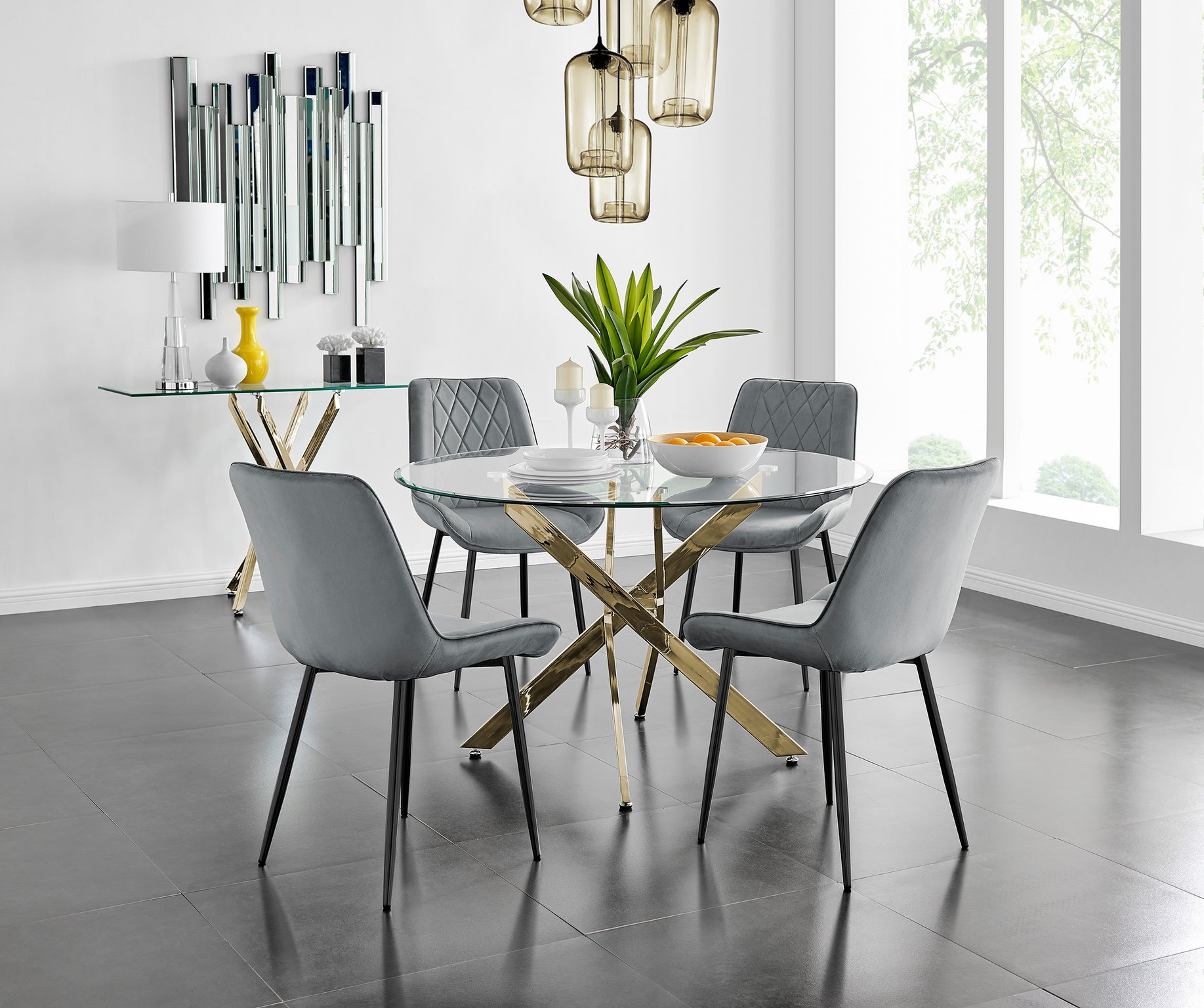 Furniture Box Novara 120cm Gold Round Dining Table and 4 x Green Pesaro  Silver Leg Chairs