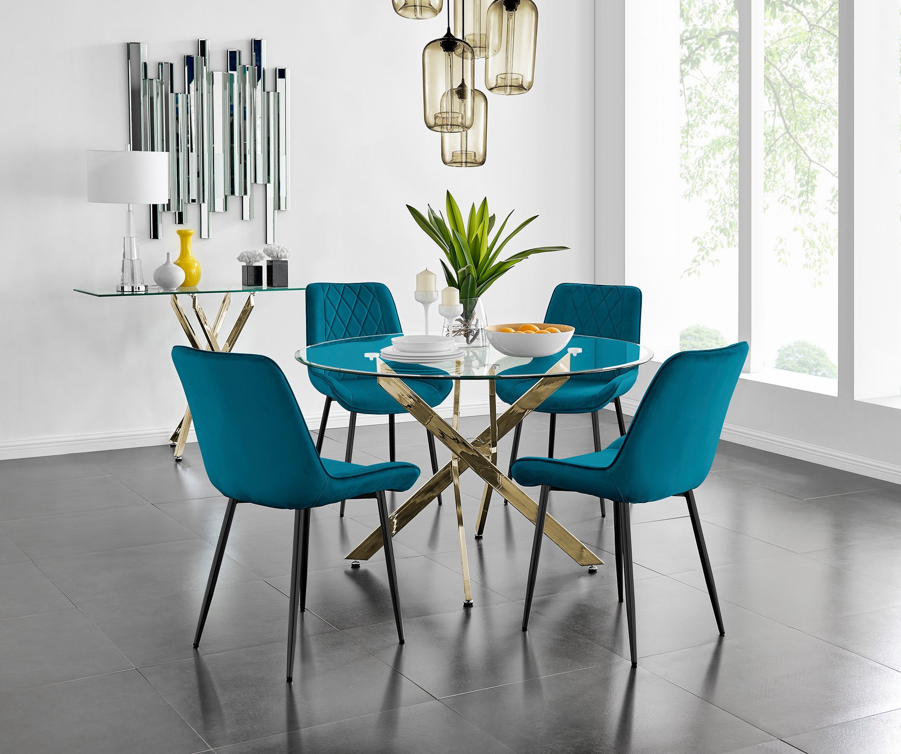 NOVARA 120cm Round Glass and Gold Leg Dining Table & 4 or 6 Velvet Dining  Chairs