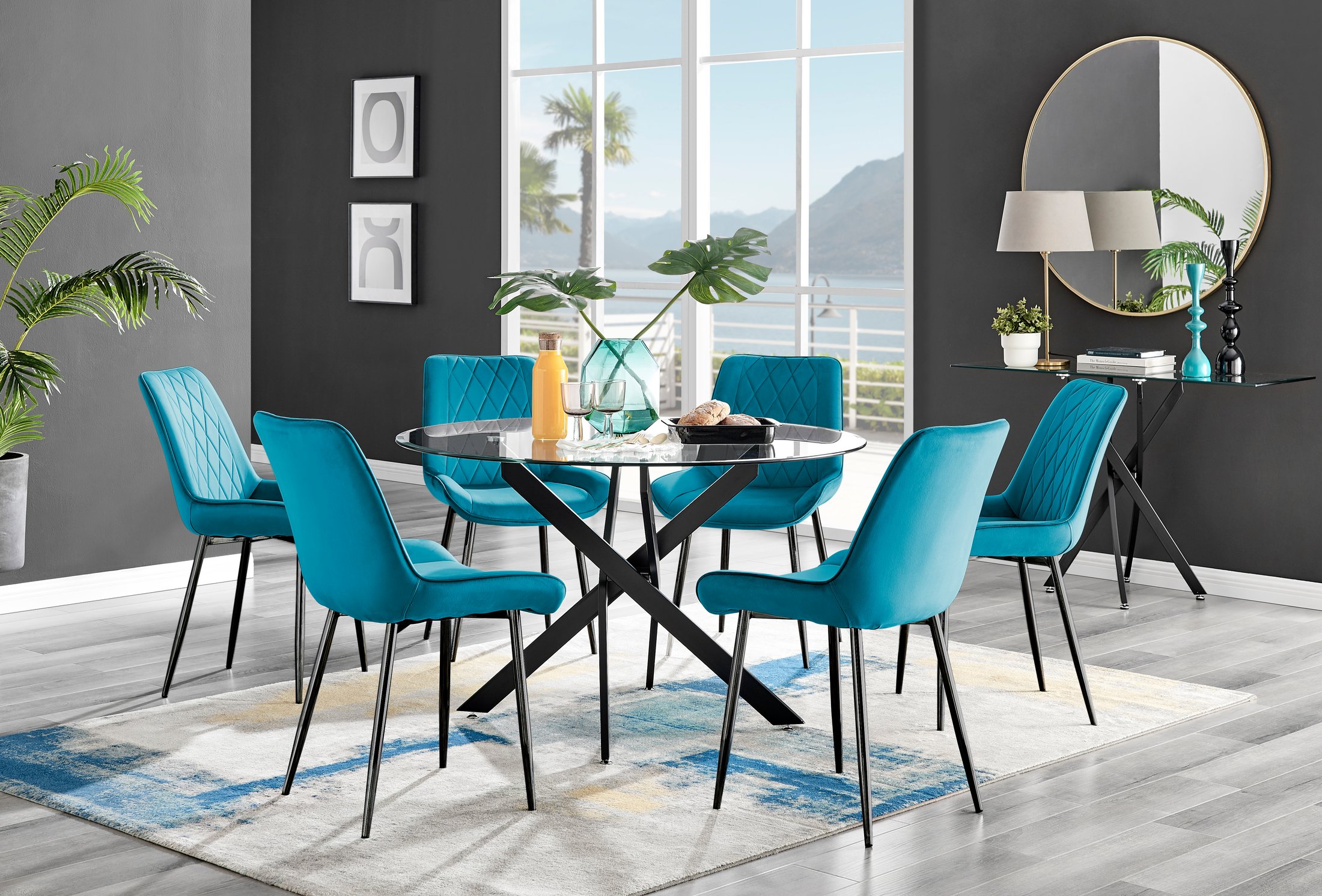 NOVARA 120CM ROUND Glass & Black Metal Leg Dining Table & 6 Velvet