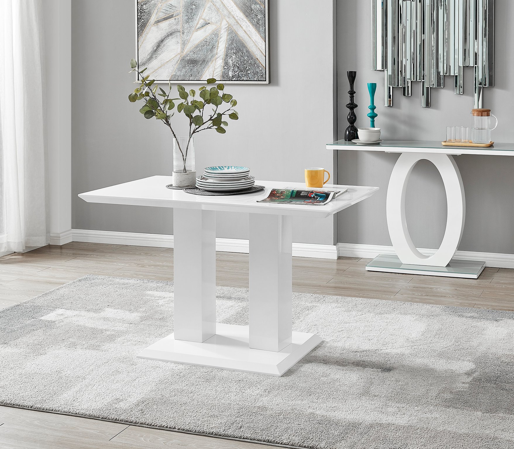 IMPERIA White High Gloss Pillar Dining Table and 4 Velvet Faux Leather Chairs - Picture 131 of 248
