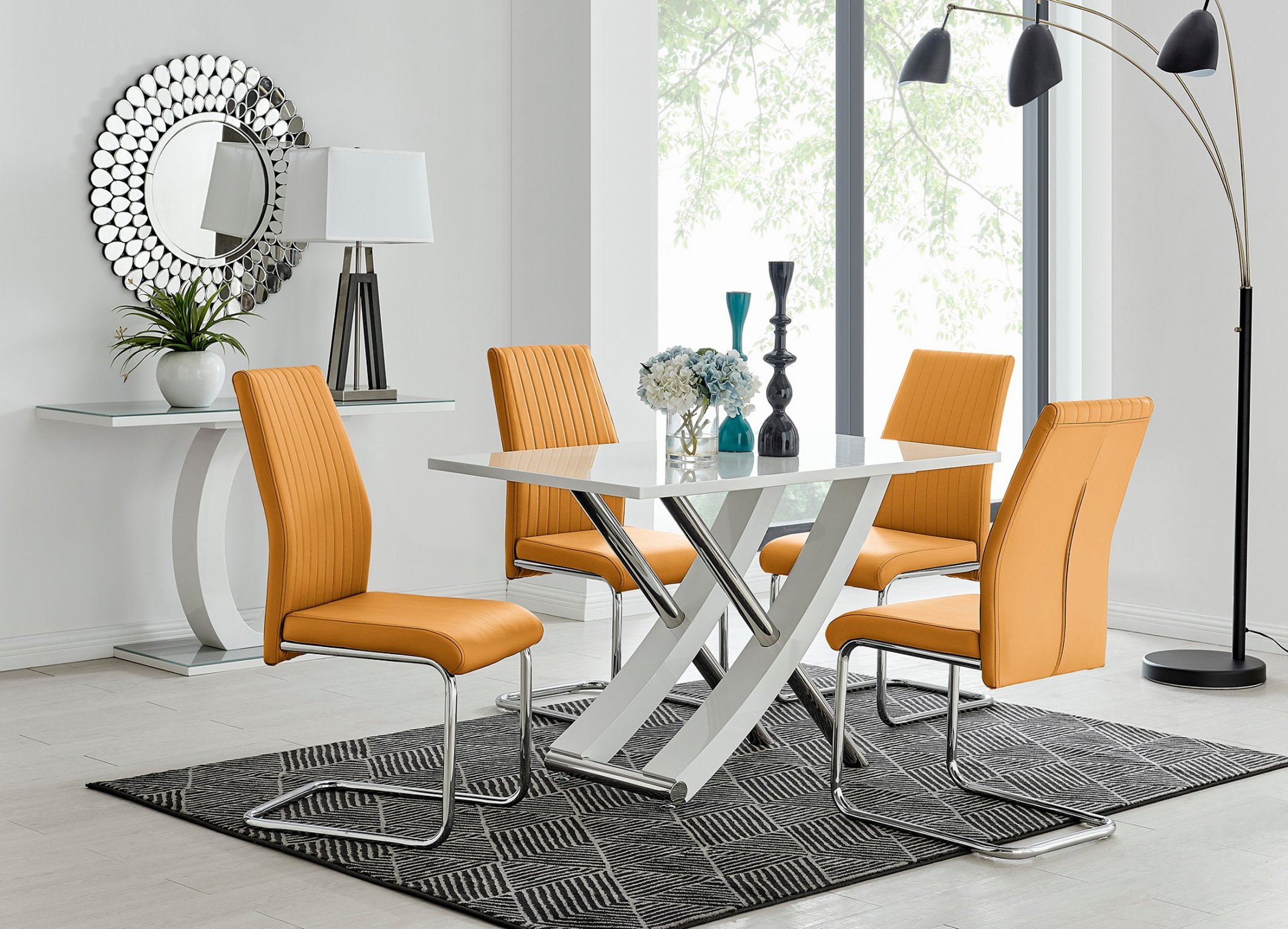 MAYFAIR White High Gloss Chrome Dining Table & 4 Faux Leather Dining Chairs - Picture 191 of 285