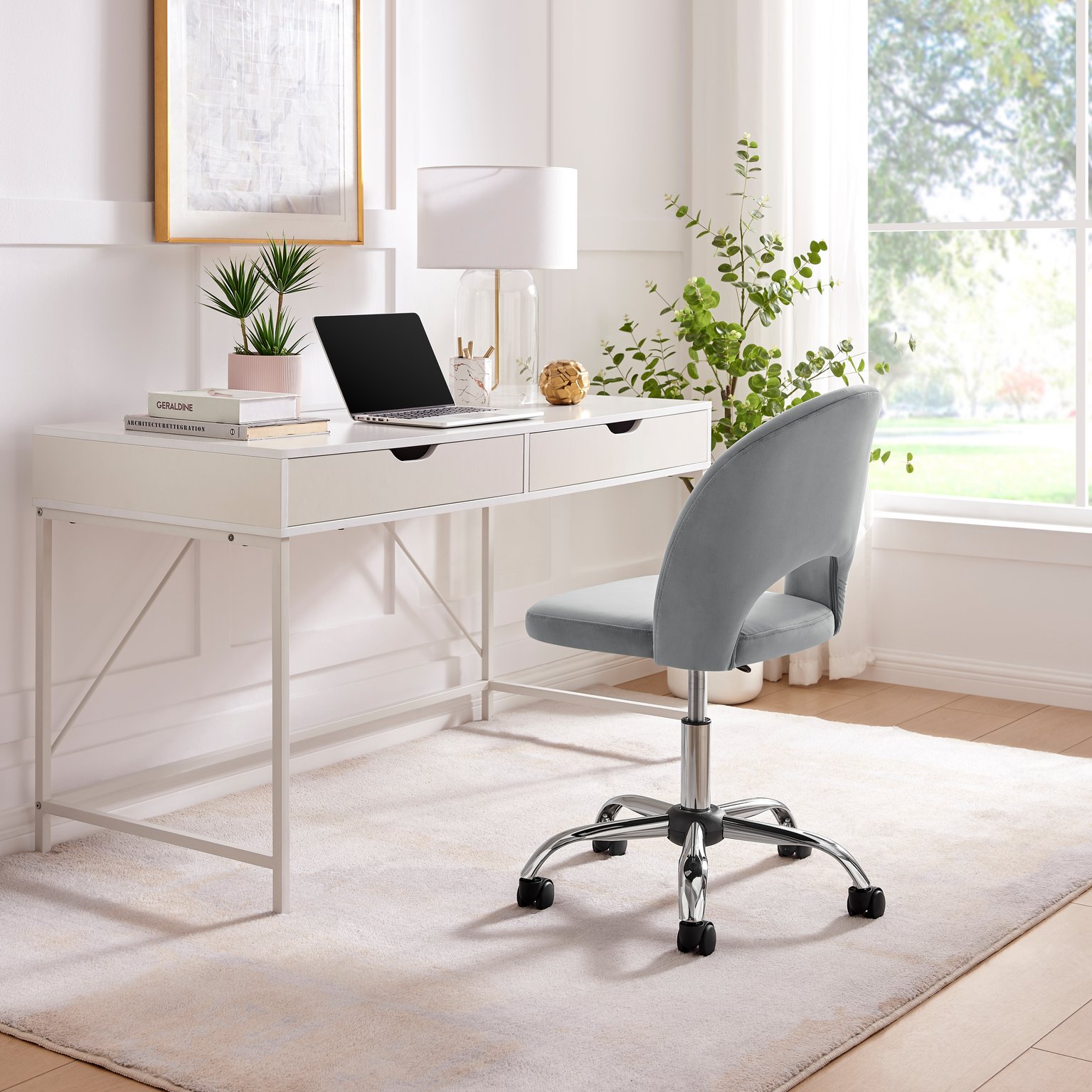 Courtney Velvet and Silver Chrome Leg Office Chair Modern Sleek Rounded Back Co - Picture 5 of 16