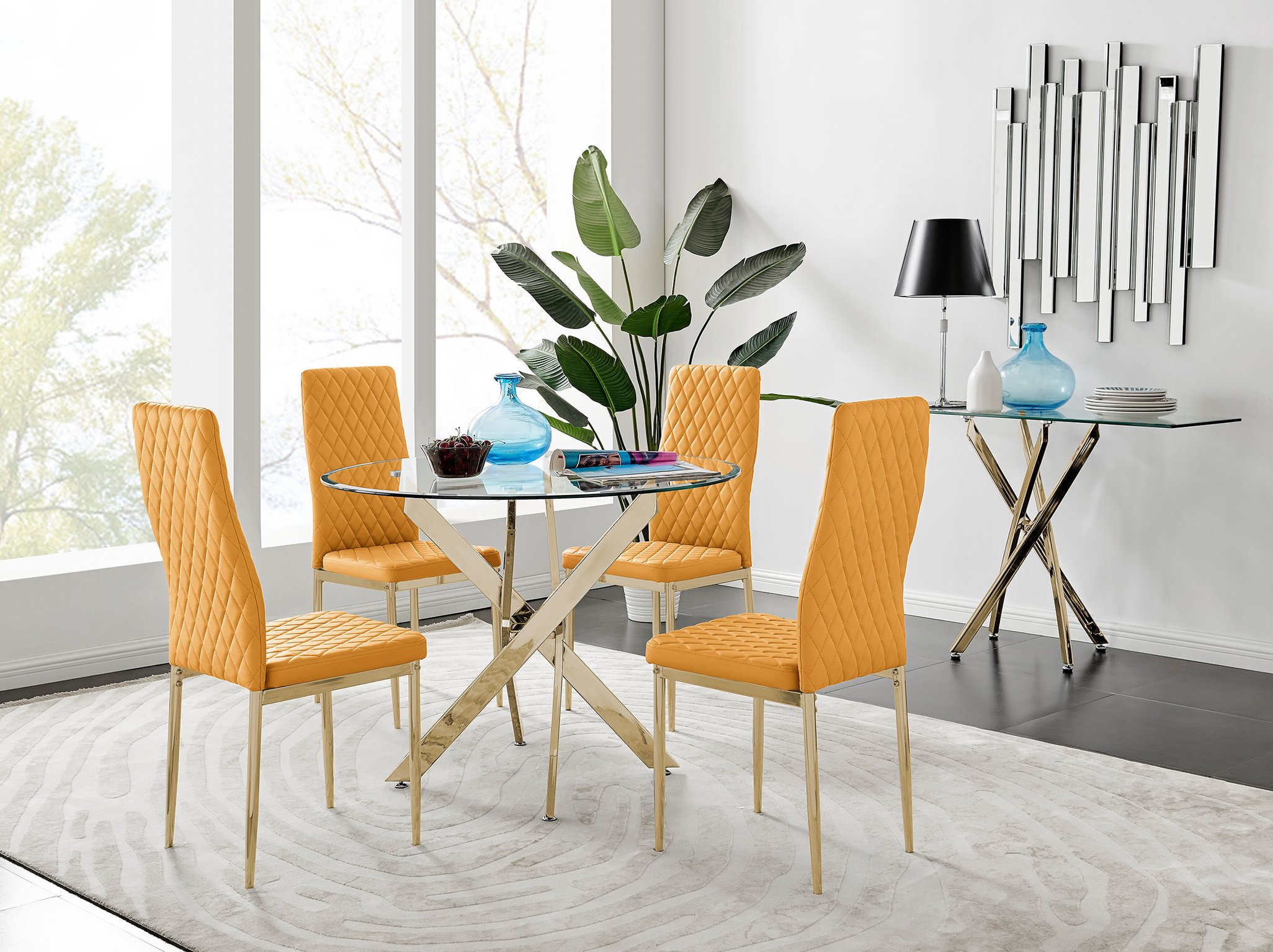 NOVARA Gold Round Tempered Glass Dining Table And 4 Faux Leather Dining Chairs - Picture 192 of 410
