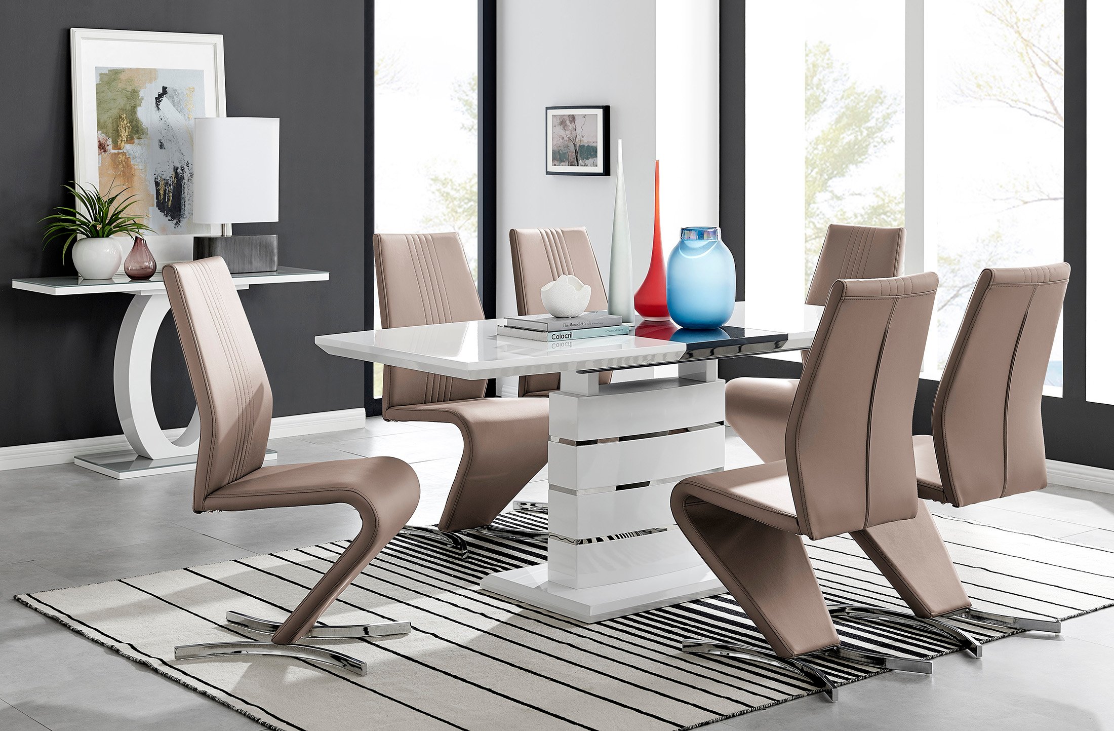 RENATO White Gloss Chrome Extending Dining Table &6/8 Faux Leather Dining Chairs - Picture 563 of 601