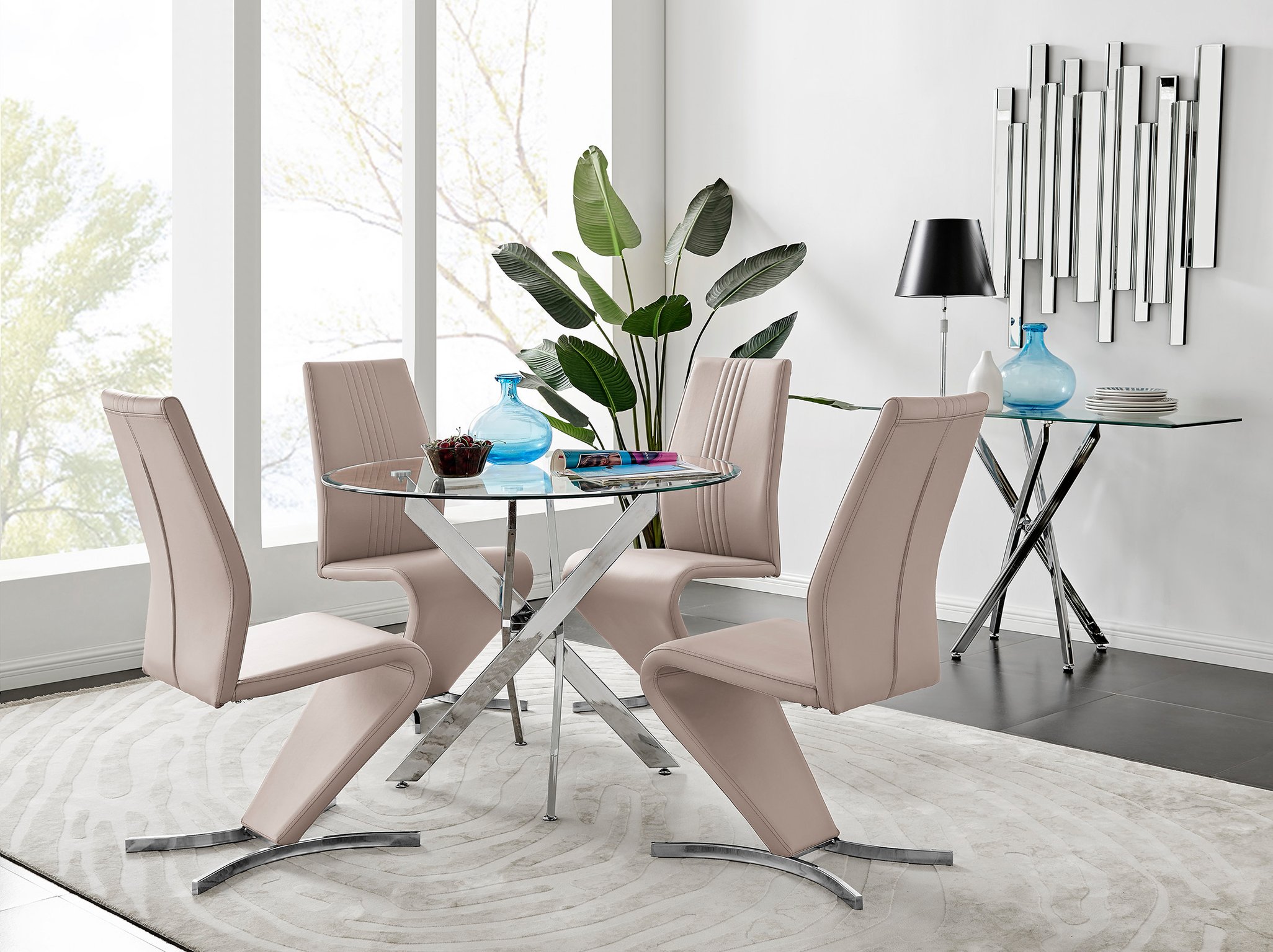 Novara Round Glass Top And Chrome Leg Table And 4 Faux Leather Willow Chairs Set