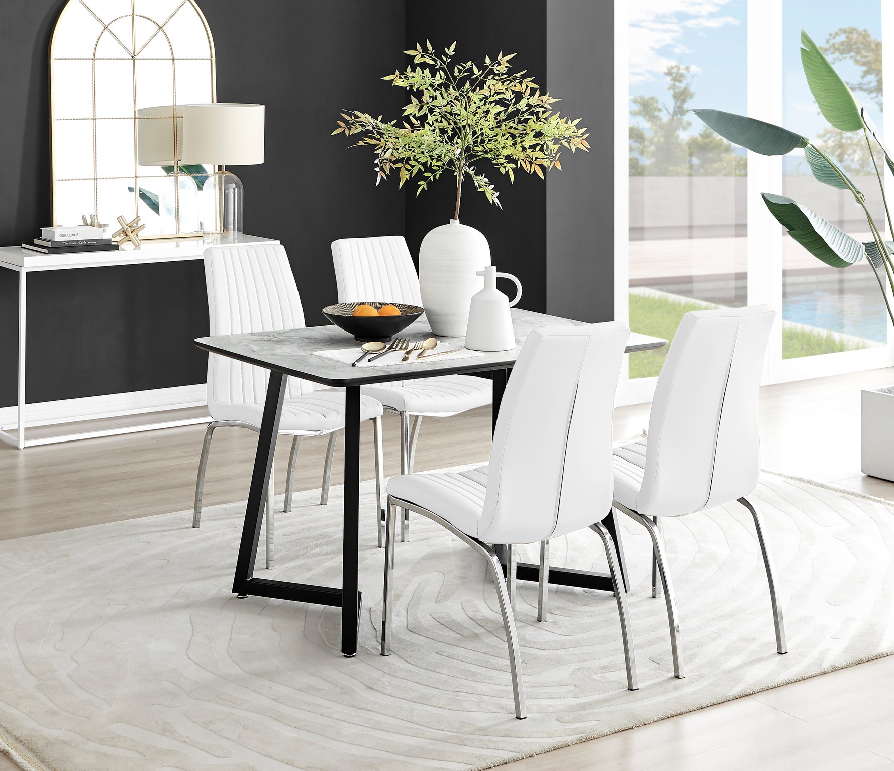 Carson Dining Table in White, Marble Effect & 4 Isco Chairs, Ergonomic Design
