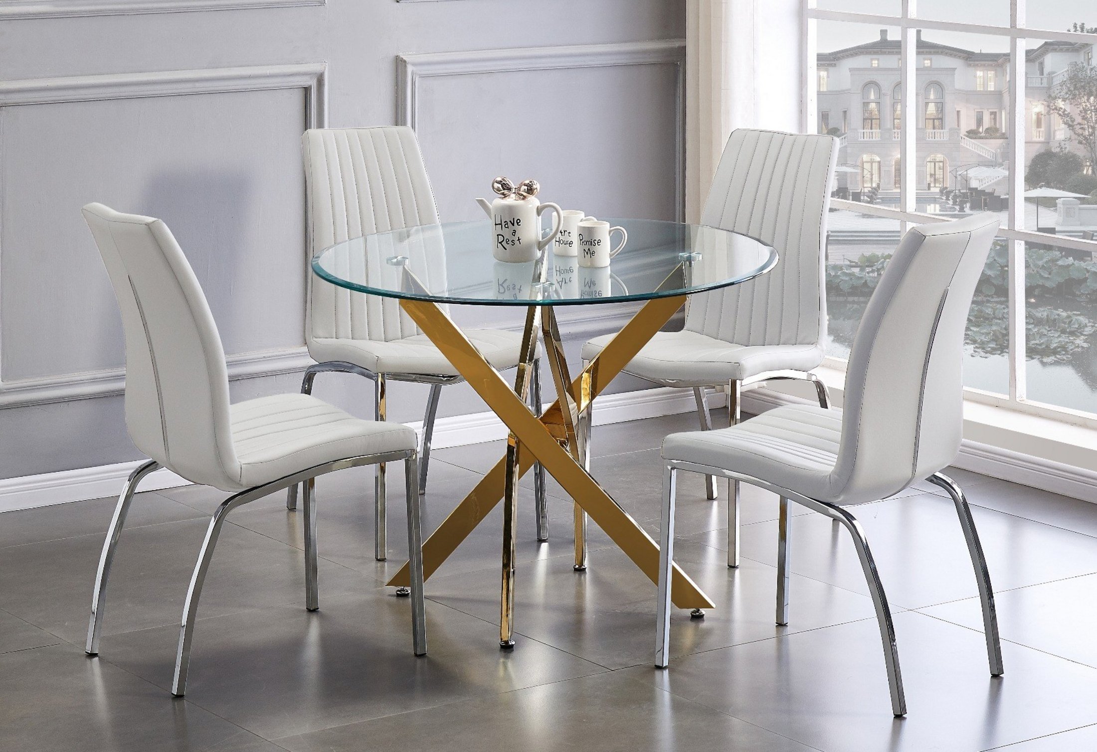 NOVARA Gold Round Tempered Glass Dining Table And 4 Faux Leather Dining Chairs - Picture 54 of 410