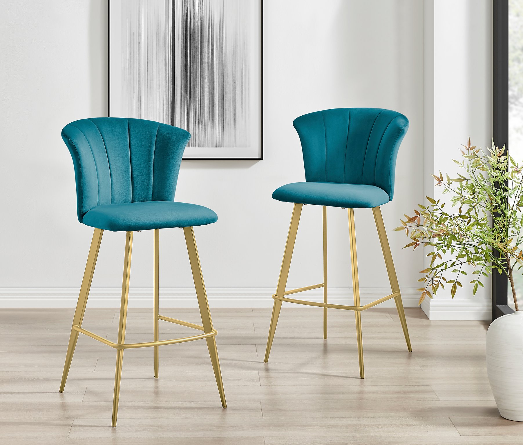 2x Juniper Padded Velvet Bar Stools With Fluted Backrest & Gold Chrome Legs