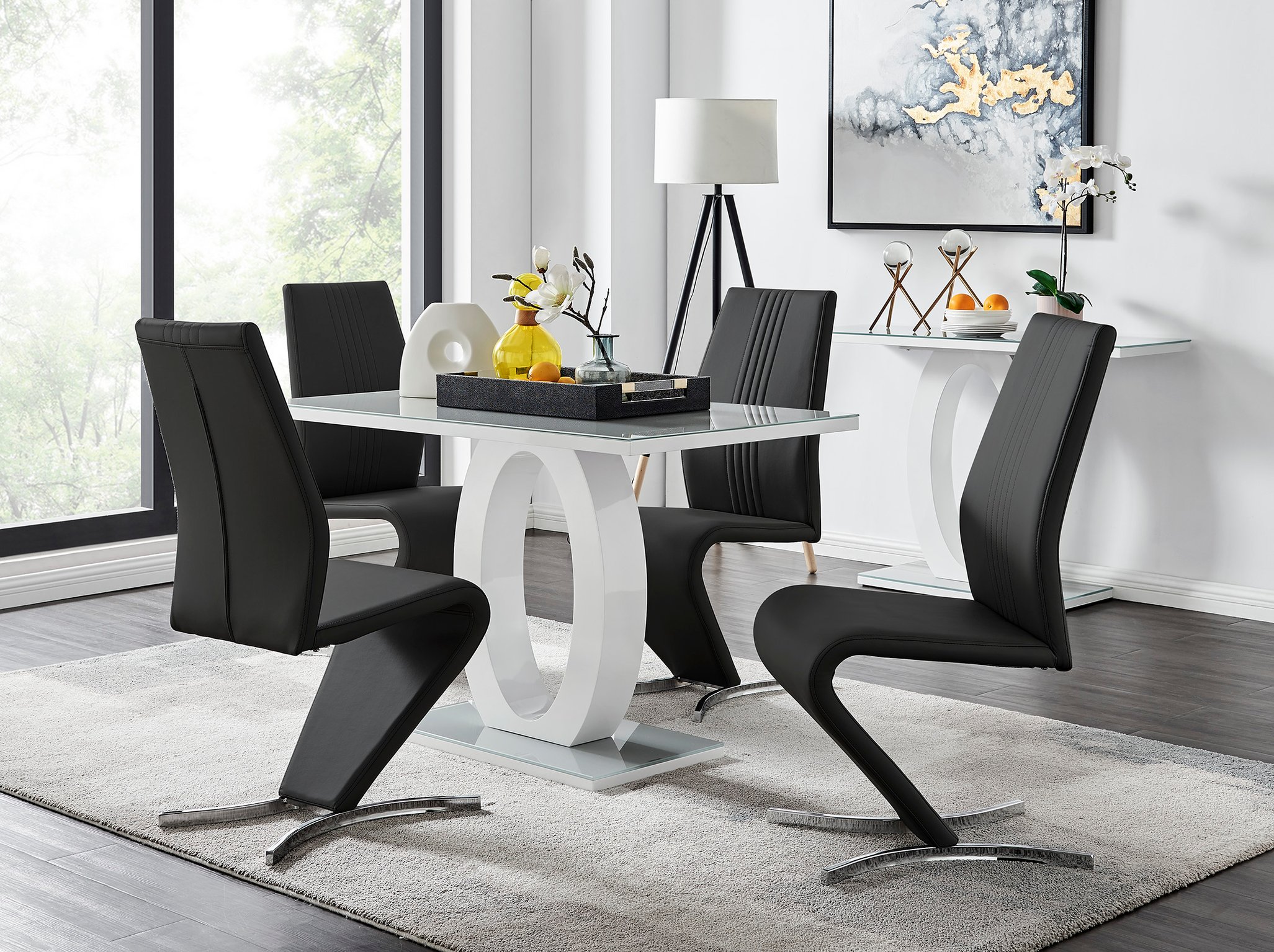GIOVANI White High Gloss Grey Glass Dining Table & 4 Faux Leather Willow Chairs - Picture 14 of 59