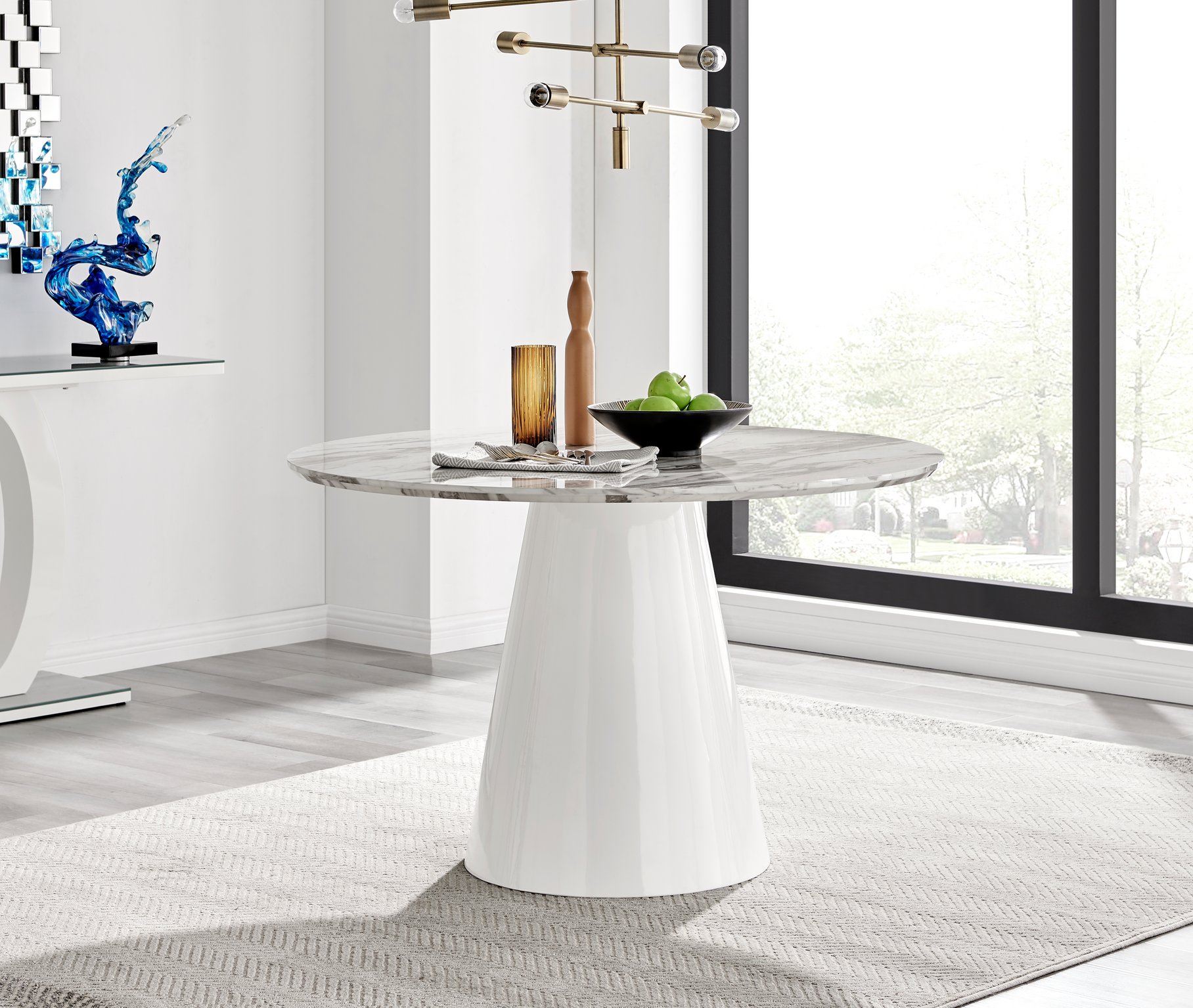 Palma White Marble Effect Round Dining Table and 4 Halle Black Leg Chairs Set - Picture 19 of 60