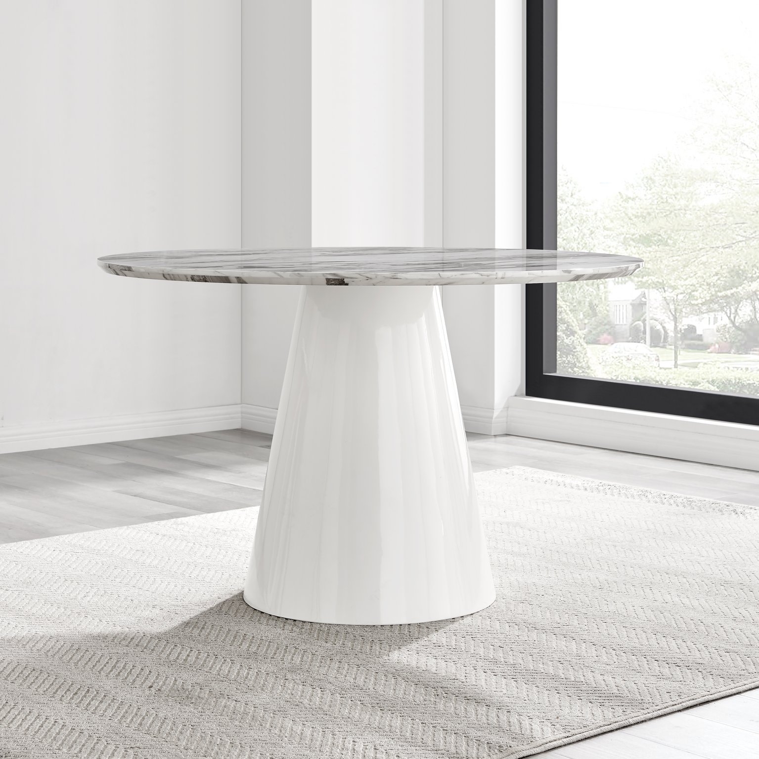 Palma White Marble Effect Round Dining Table and 4 Halle Black Leg Chairs Set - Picture 18 of 60