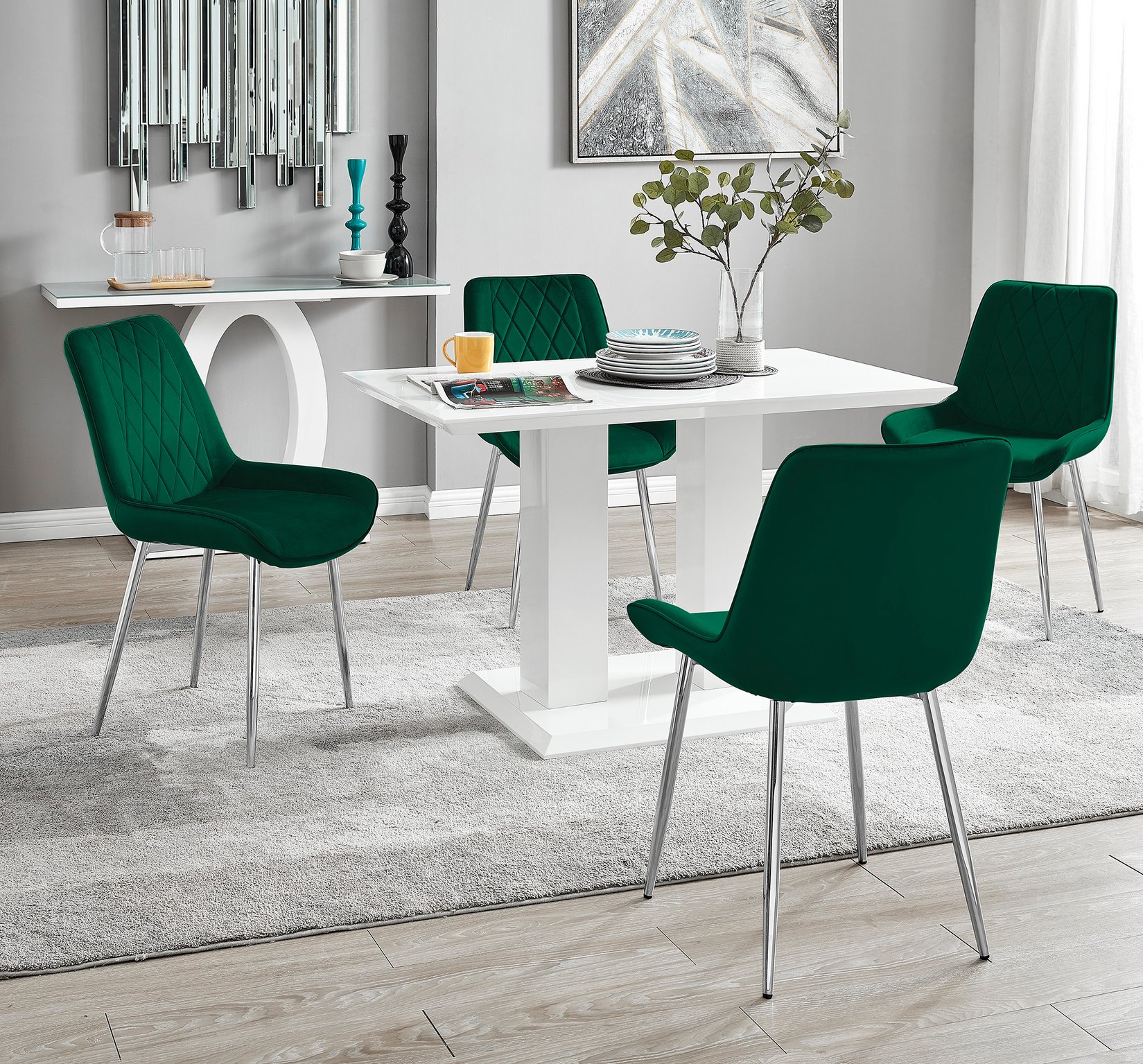 IMPERIA White High Gloss Pillar Dining Table and 4 Velvet Faux Leather Chairs - Picture 141 of 248