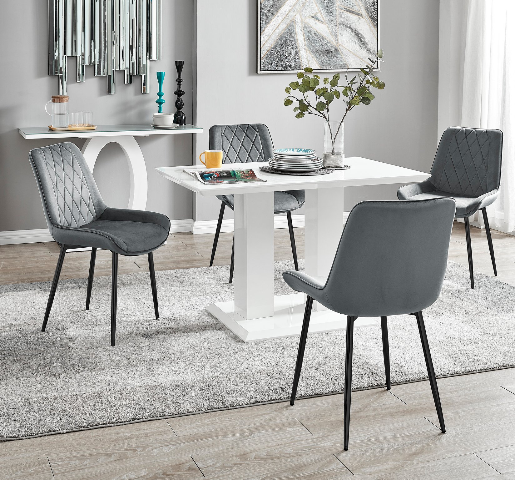 IMPERIA White High Gloss Pillar Dining Table and 4 Velvet Faux Leather Chairs - Picture 153 of 248