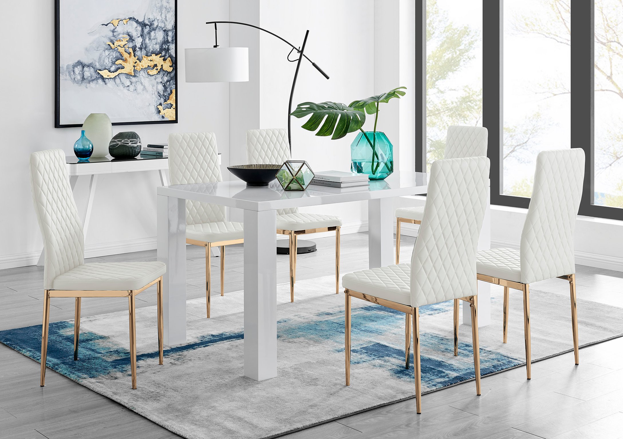 PIVERO White High Gloss Dining Table & 6 Faux Leather Milan Chairs - Picture 101 of 148
