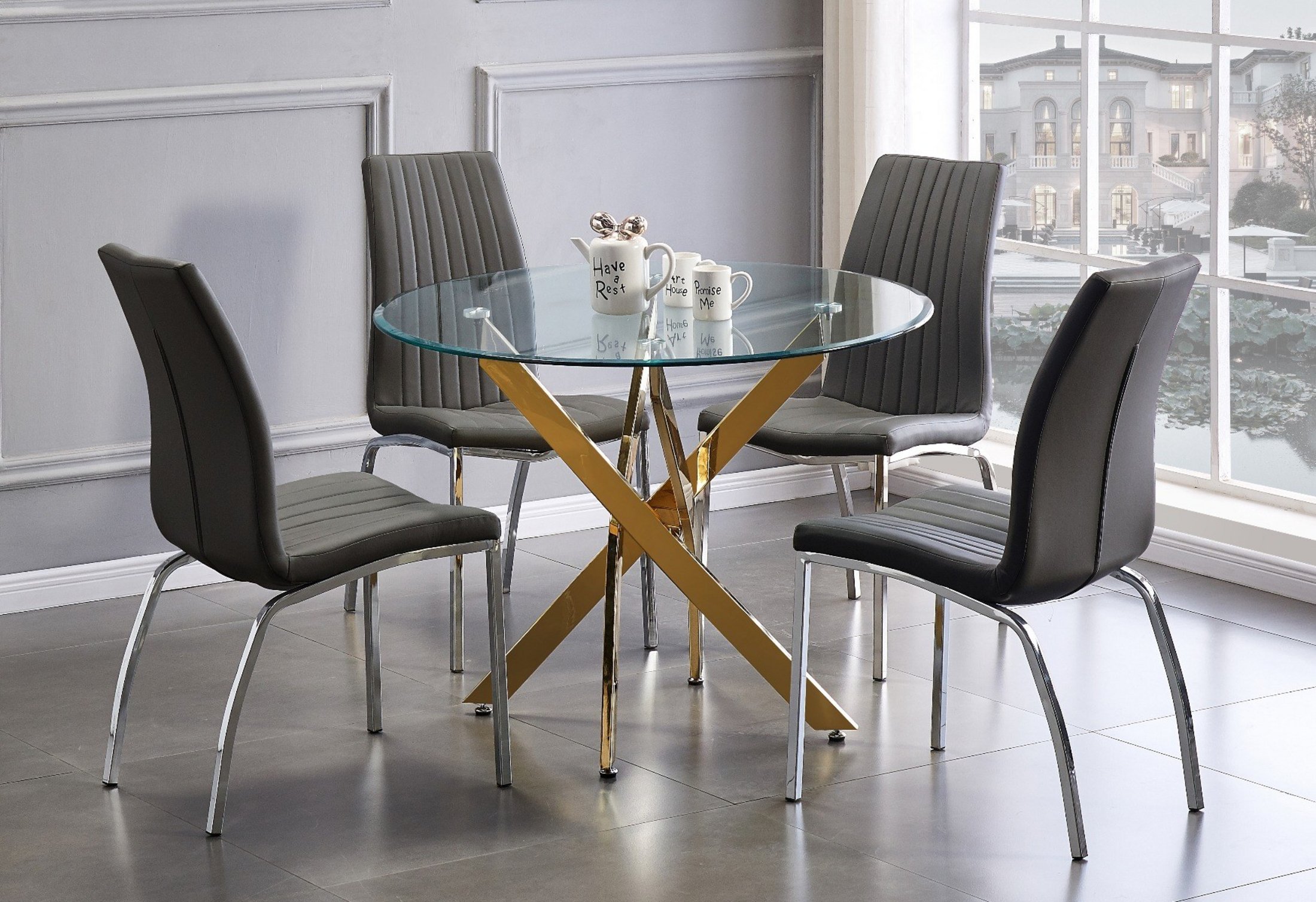 NOVARA Gold Round Tempered Glass Dining Table And 4 Faux Leather Dining Chairs - Picture 24 of 410