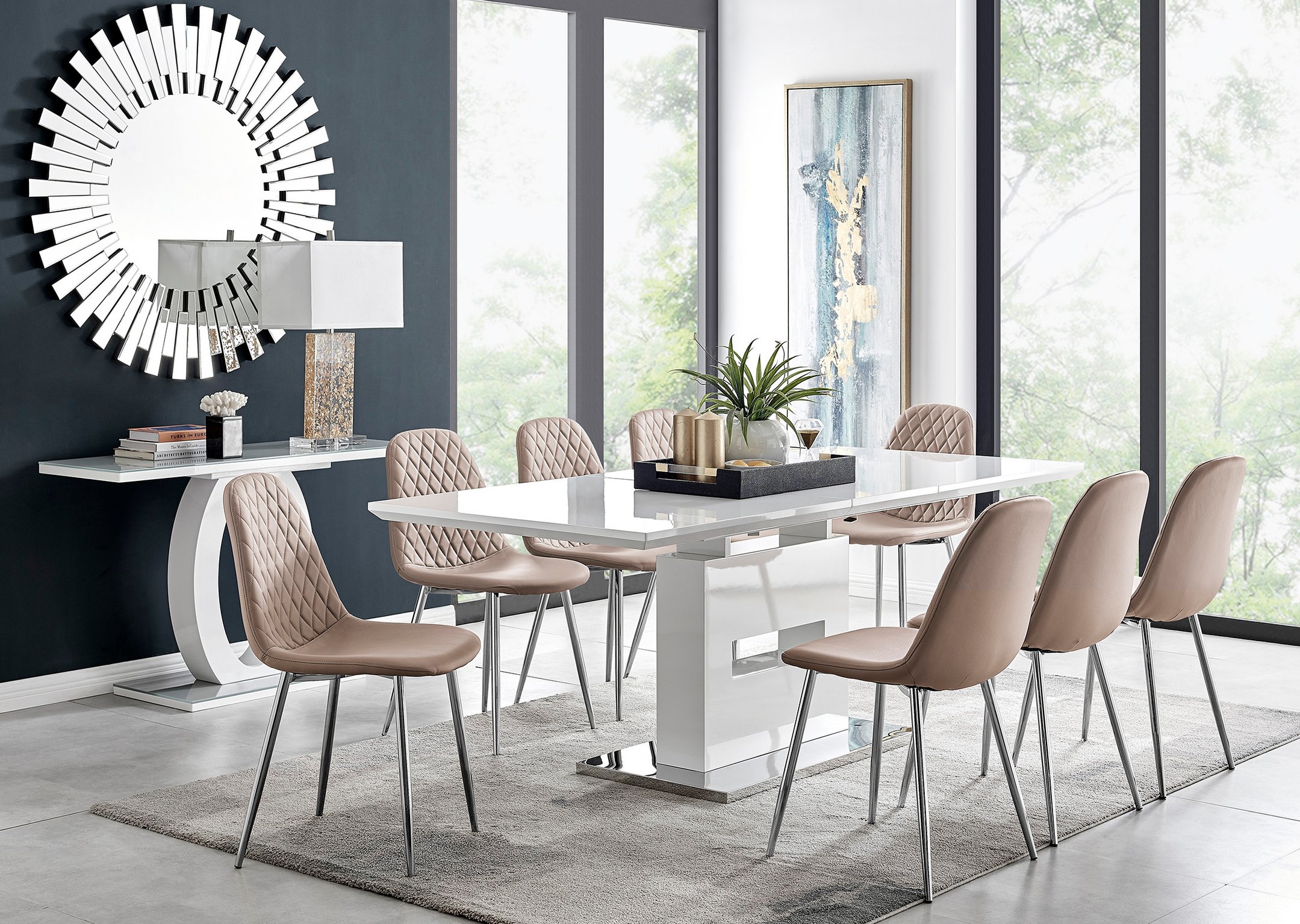 AREZZO White High Gloss Extending Dining Table 8 Faux Leather Corona Chairs