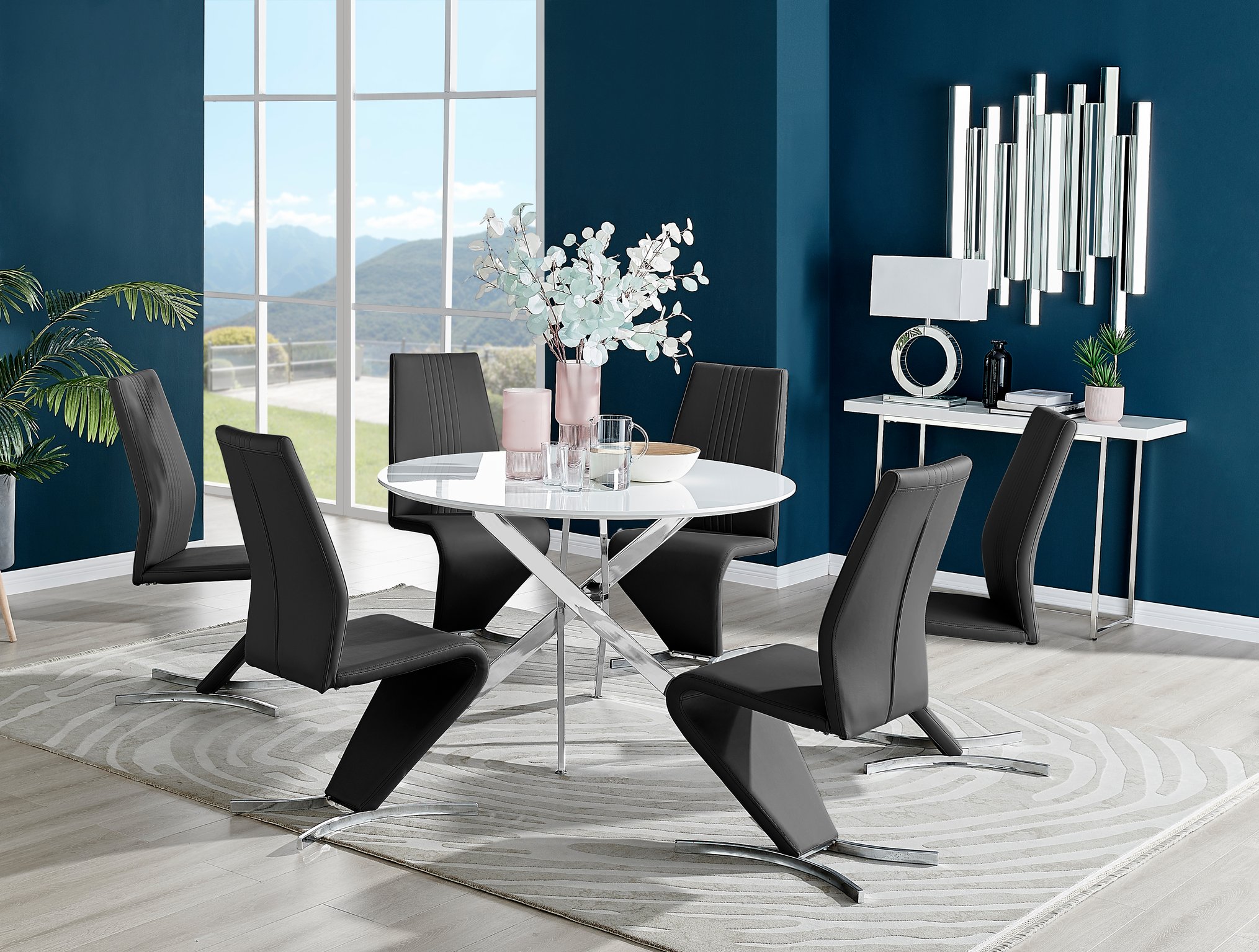 Novara White High Gloss Round Dining Table 120cm & 6 Willow Chairs Furniture Set
