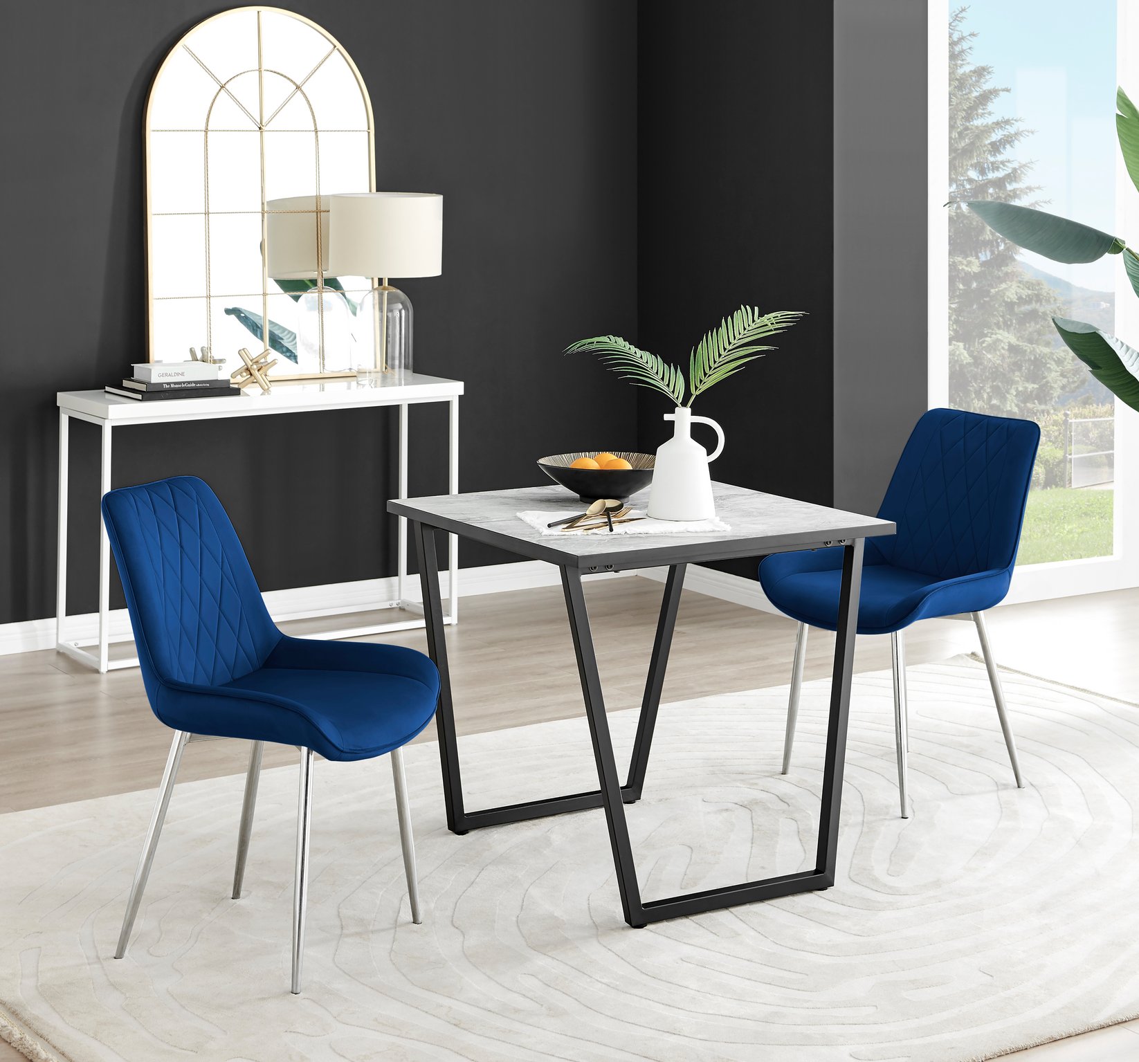 Carson Square Dining Table in White, Marble Effect & 2 Pesaro Silver Chairs
