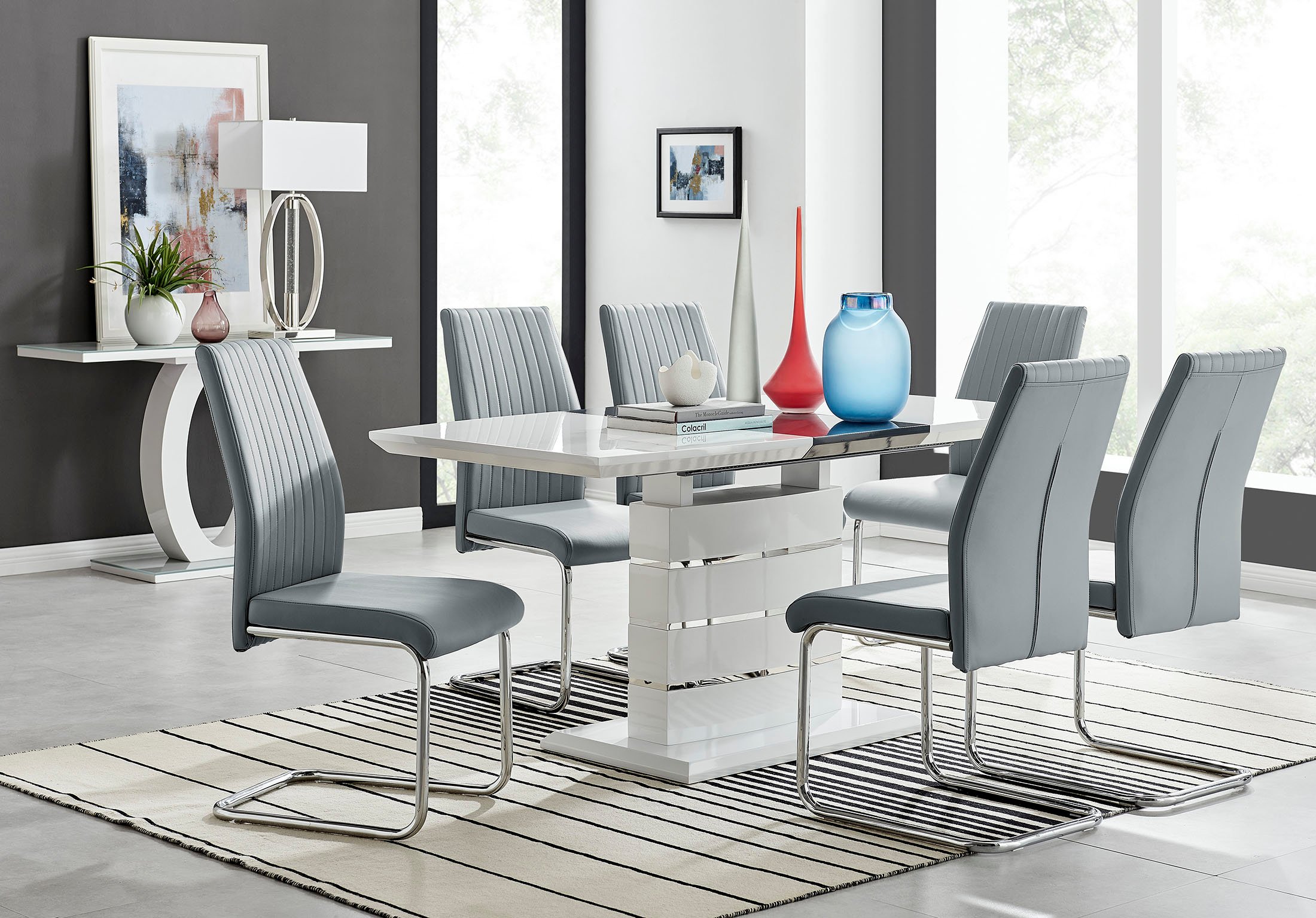 RENATO 120cm White Gloss Extending Dining Table &4/6 Faux Leather Lorenzo Chairs - Picture 26 of 118