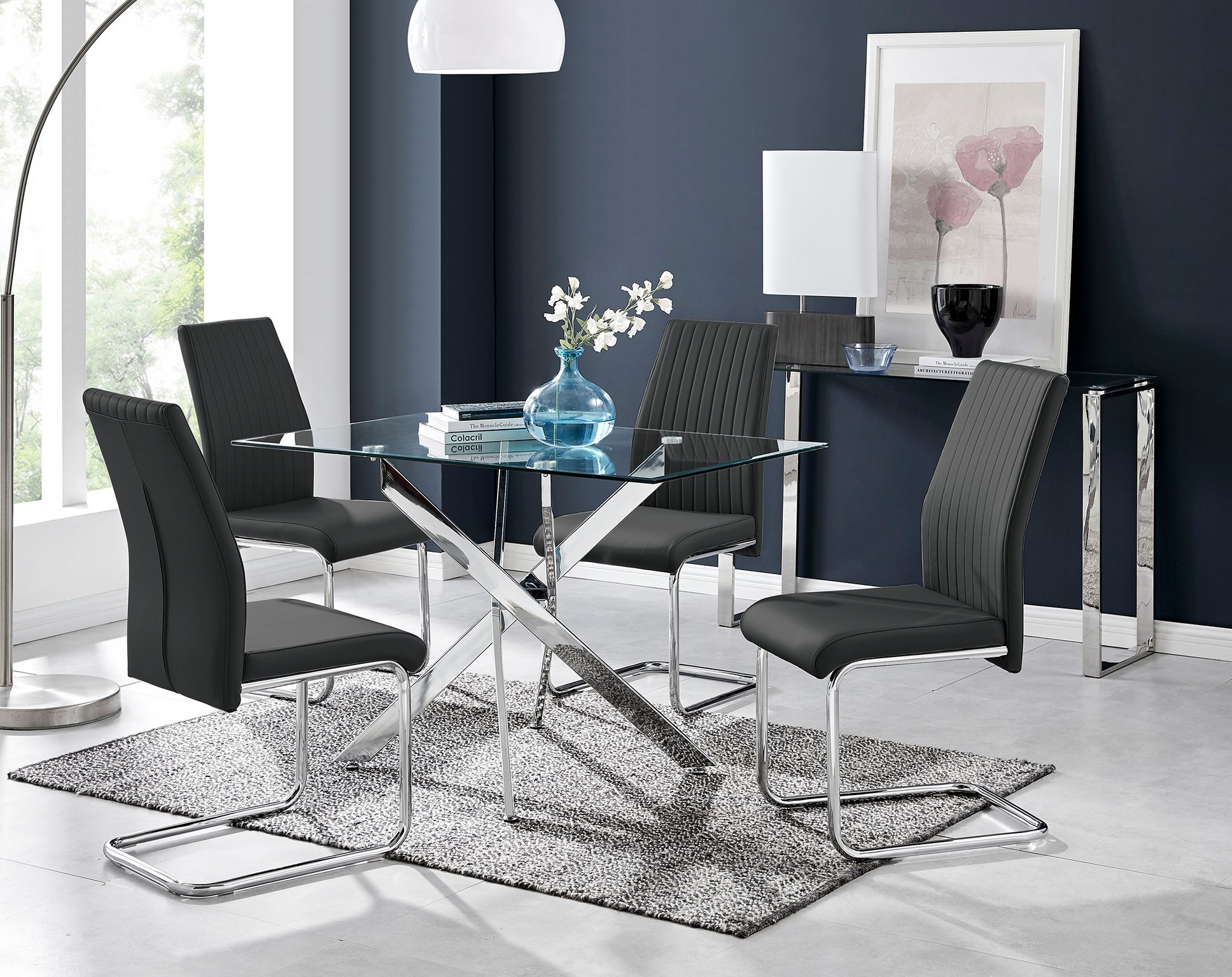 LEONARDO Silver Chrome Glass Dining Table And Faux Leather Lorenzo  Chairs