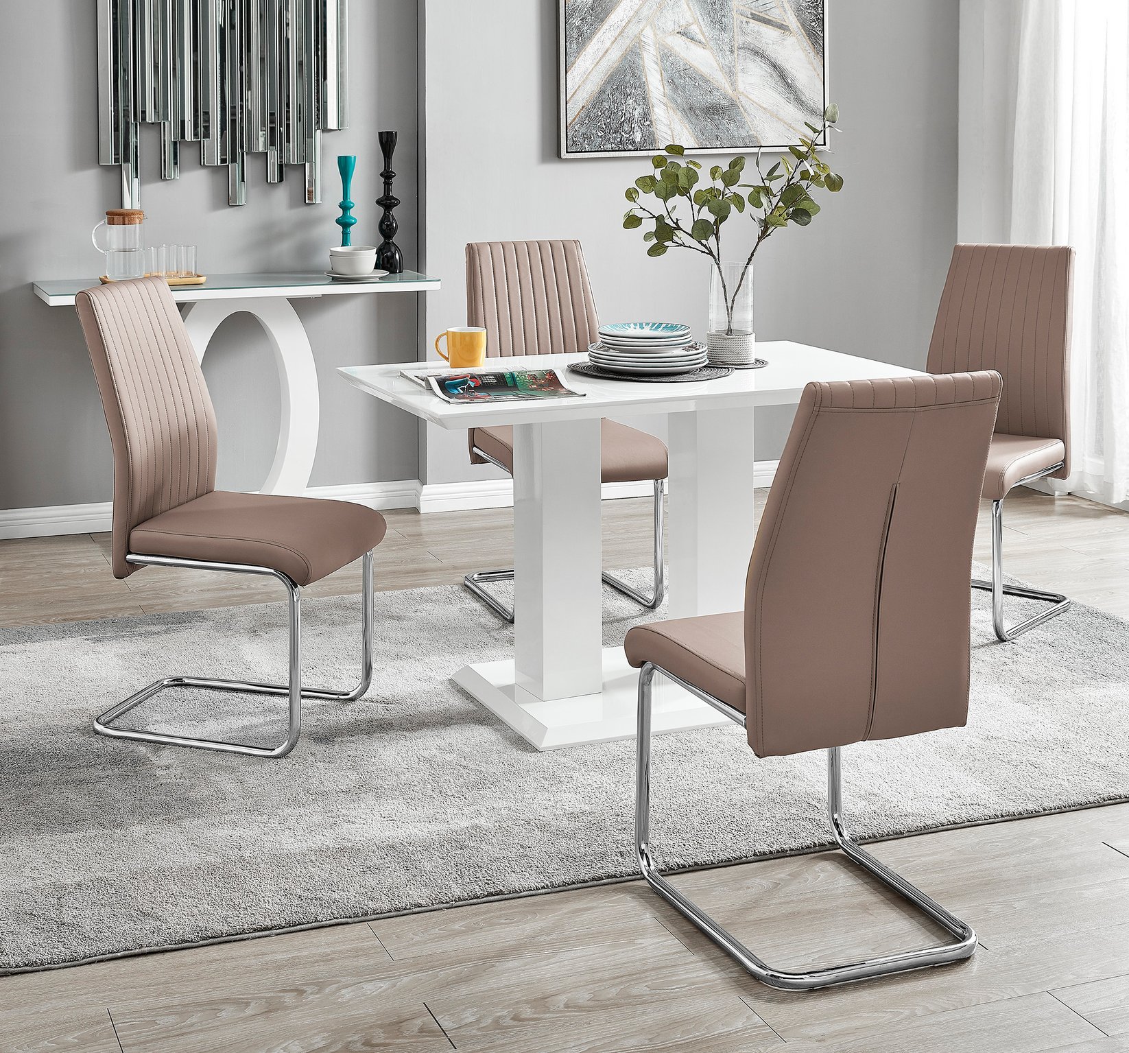 IMPERIA White High Gloss Dining Table & 4 Faux Leather Chrome Lorenzo Chairs - Picture 25 of 53