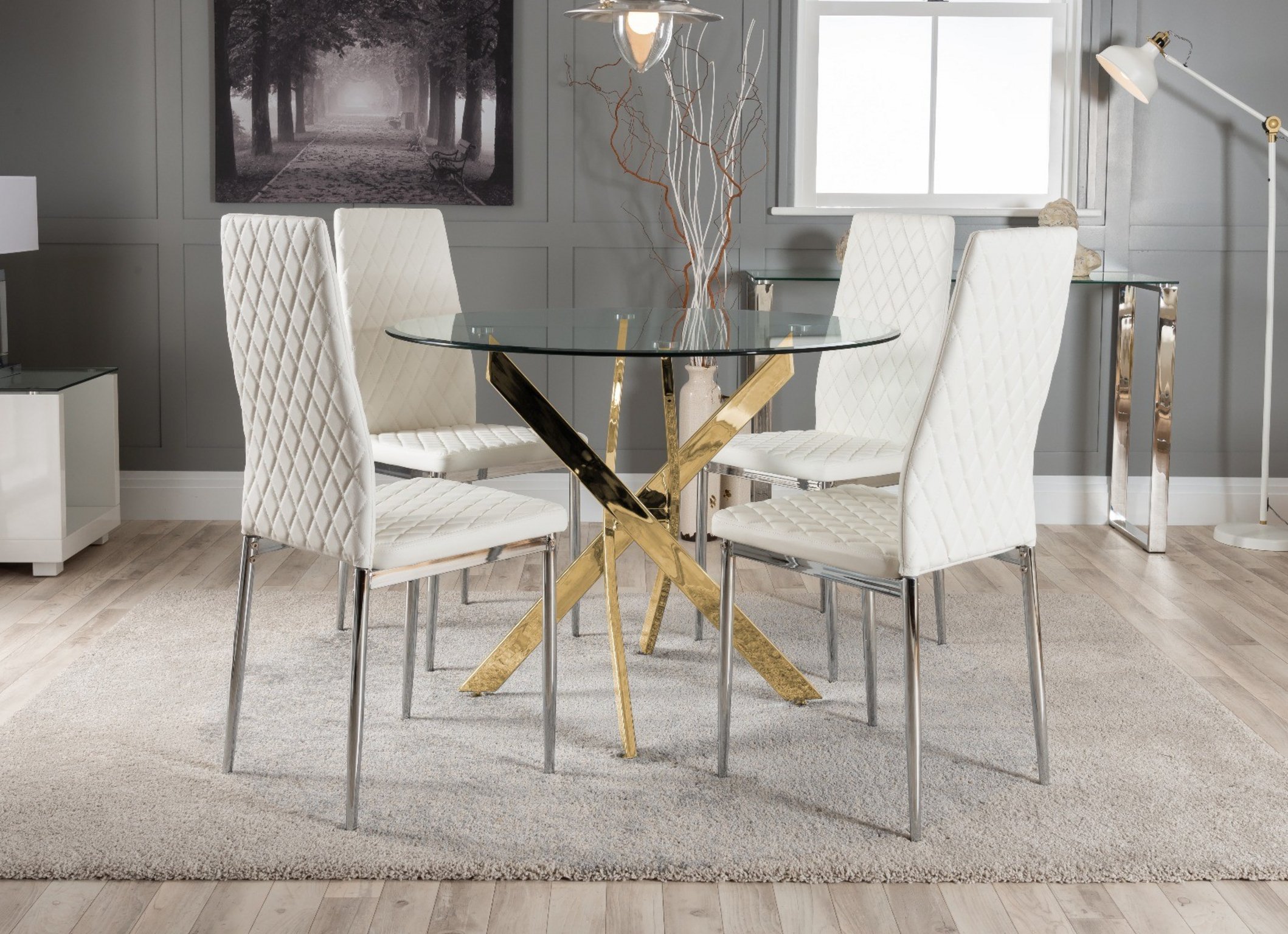 NOVARA Gold Round Tempered Glass Dining Table And 4 Faux Leather Dining Chairs - Picture 324 of 410