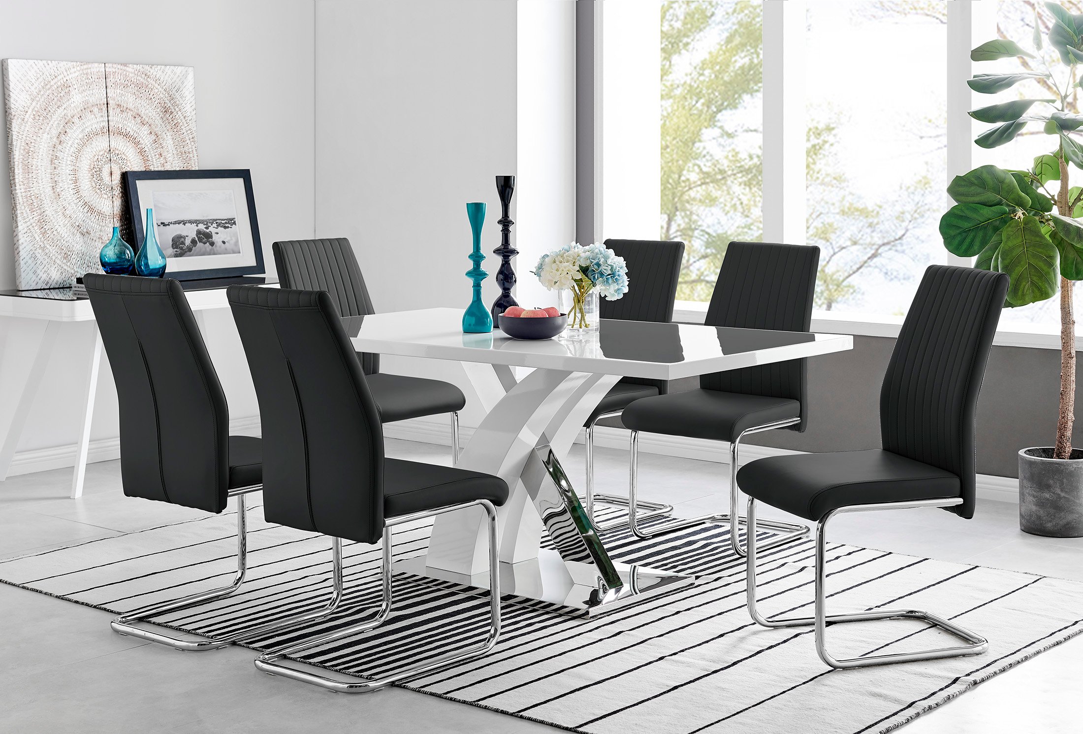 ATLANTA White High Gloss and Chrome Dining Table & 6 Faux Leather Lorenzo Chairs - Picture 14 of 61