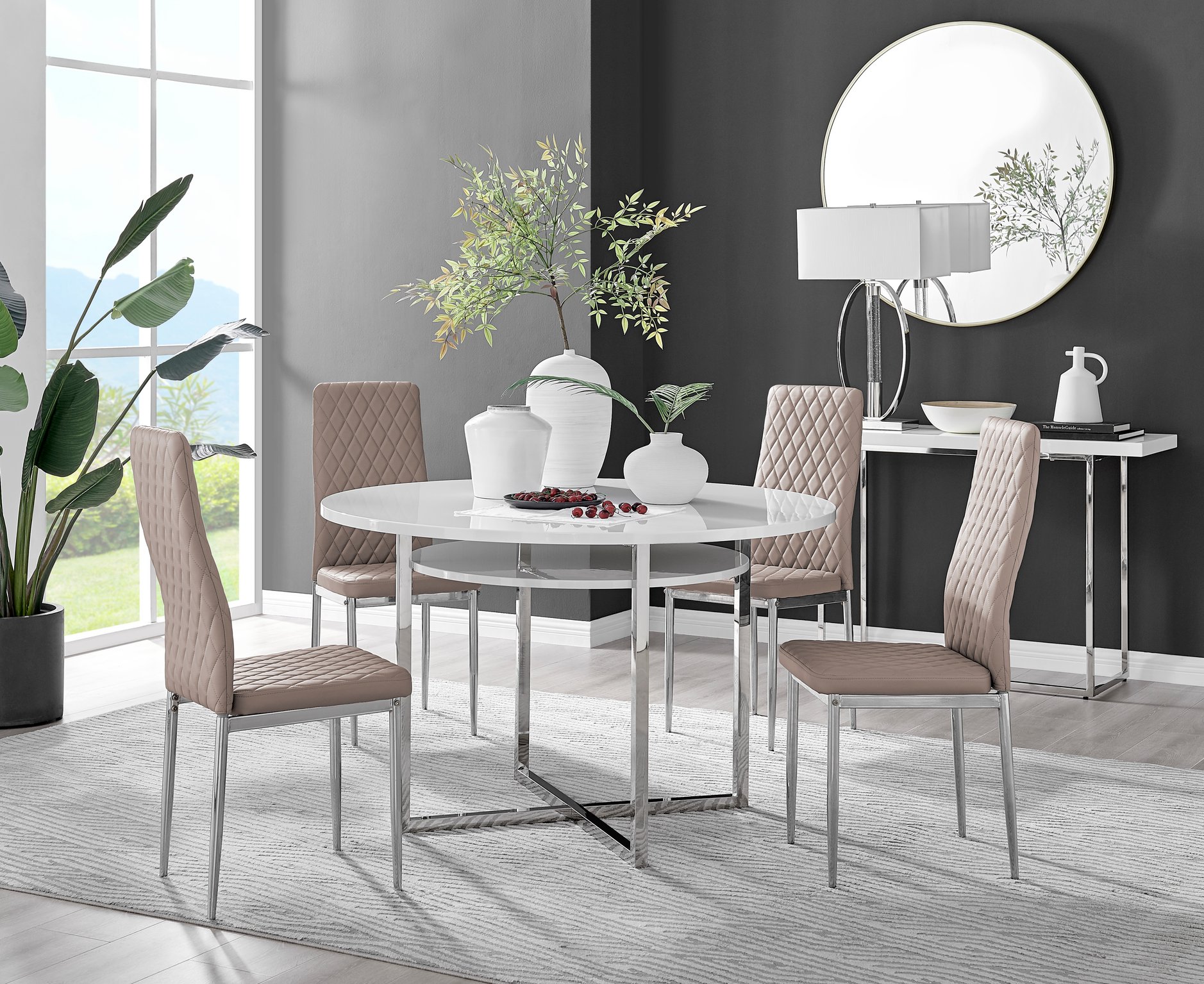 Adley High Gloss Storage Dining Table in White and 4 Milan Chrome Leg Chairs Set - Picture 22 of 69