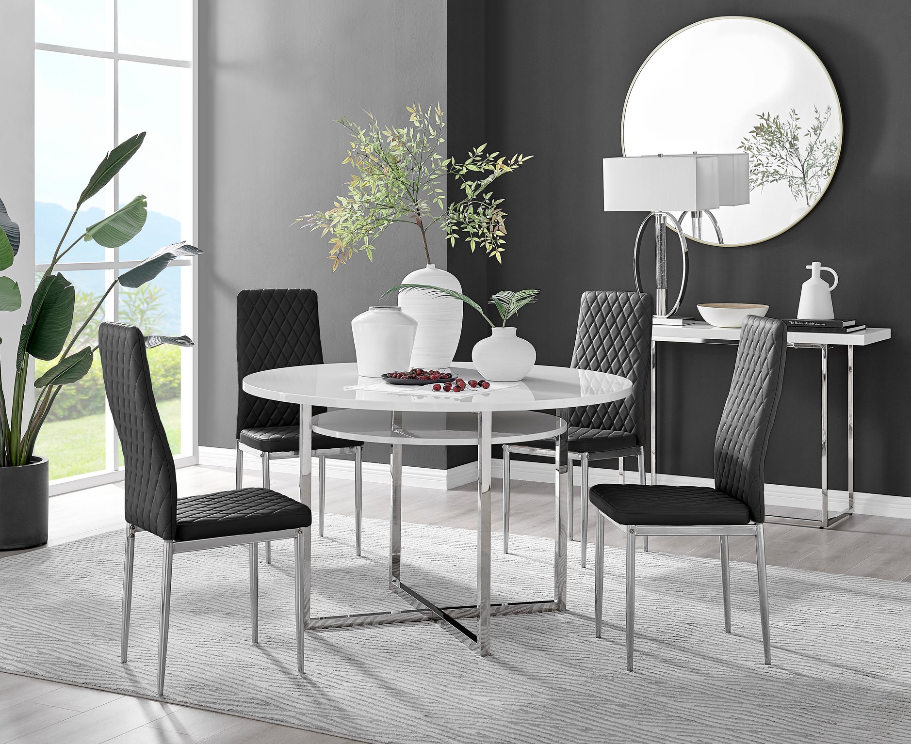 Adley High Gloss Storage Dining Table in White and 4 Milan Chrome Leg Chairs Set - Picture 10 of 69