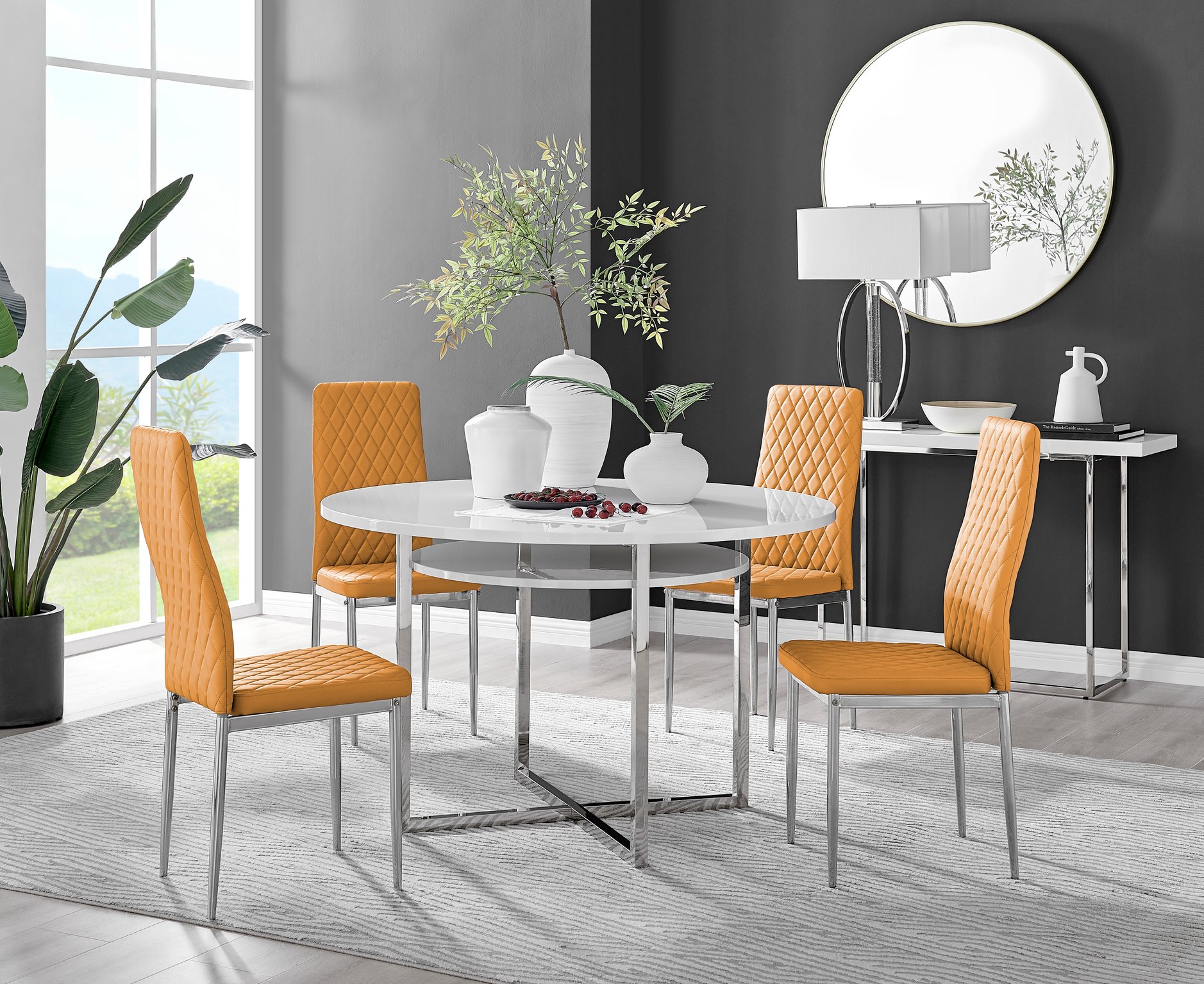 Adley High Gloss Storage Dining Table in White and 4 Milan Chrome Leg Chairs Set - Picture 46 of 69