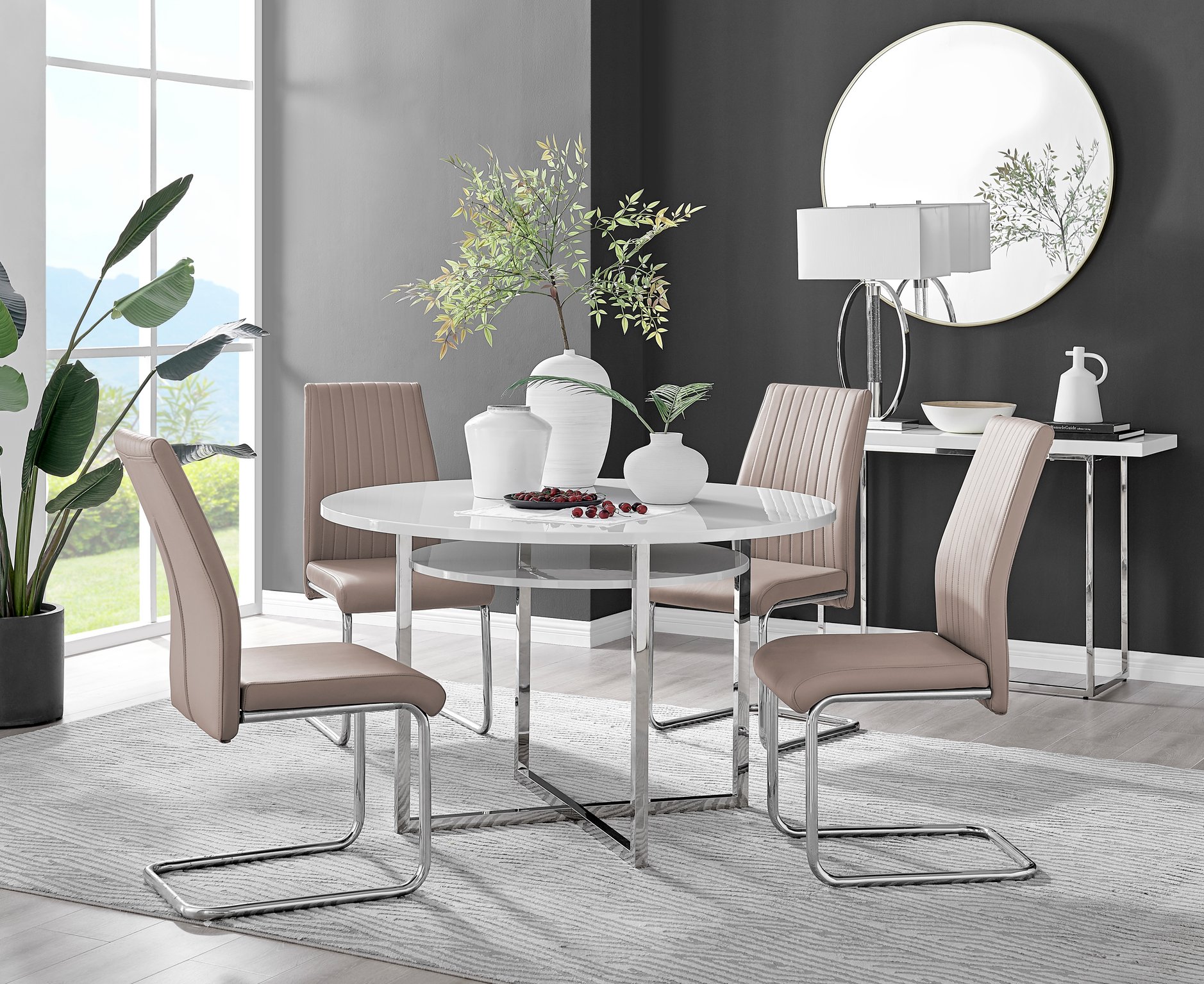 Adley High Gloss Storage Dining Table in White & 4 Lorenzo Chairs Furniture Set - Picture 22 of 69