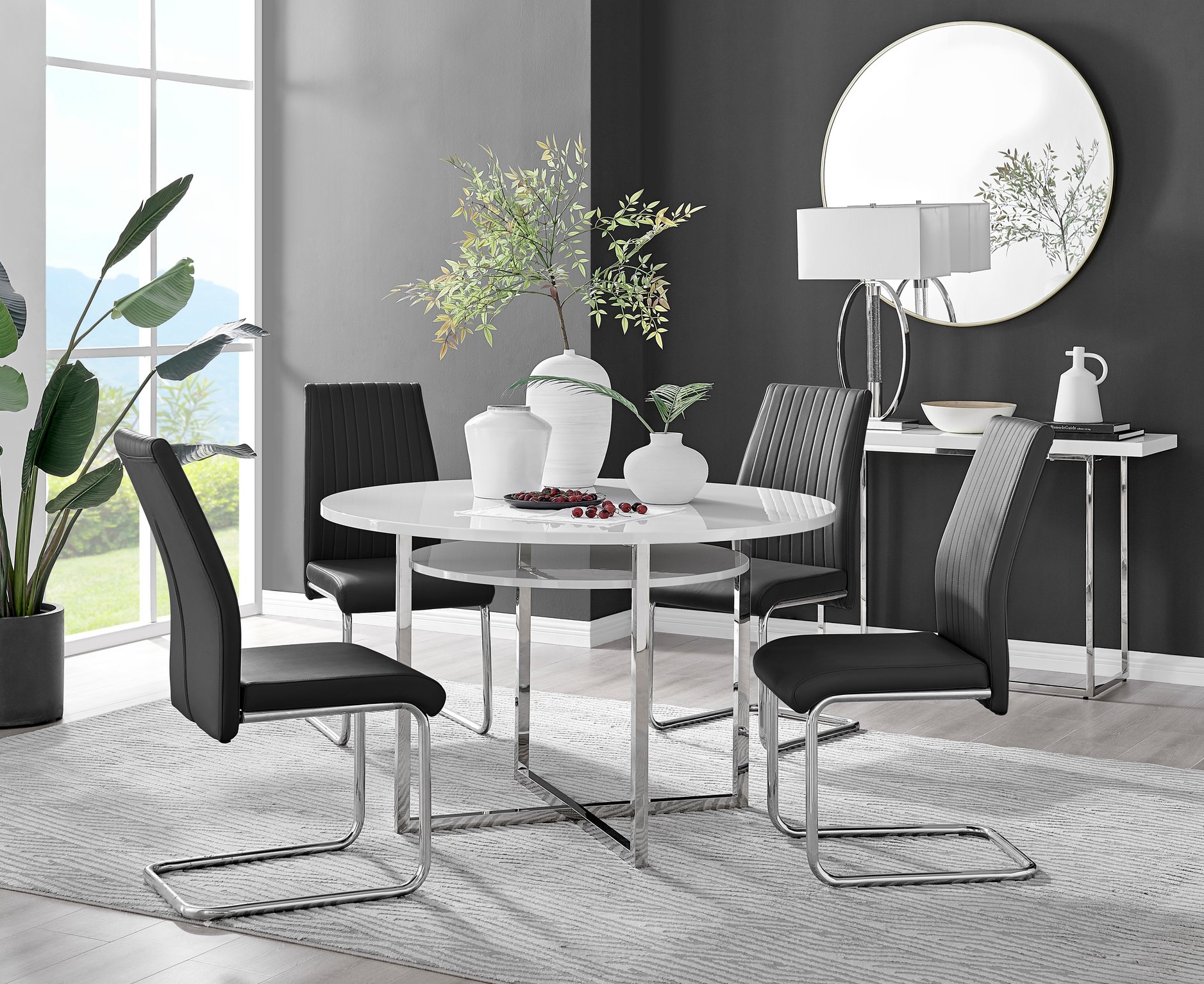 Adley High Gloss Storage Dining Table in White & 4 Lorenzo Chairs Furniture Set - Picture 10 of 69