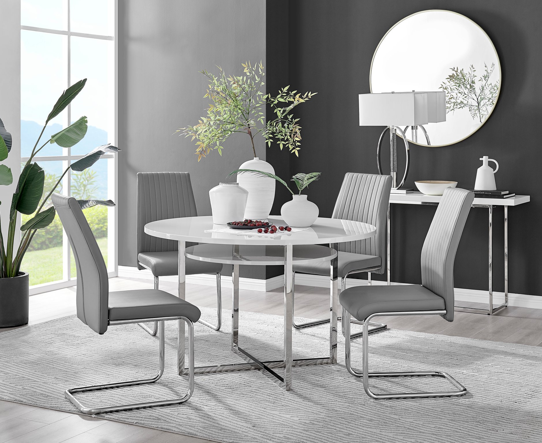 Adley High Gloss Storage Dining Table in White & 4 Lorenzo Chairs Furniture Set - Picture 34 of 69